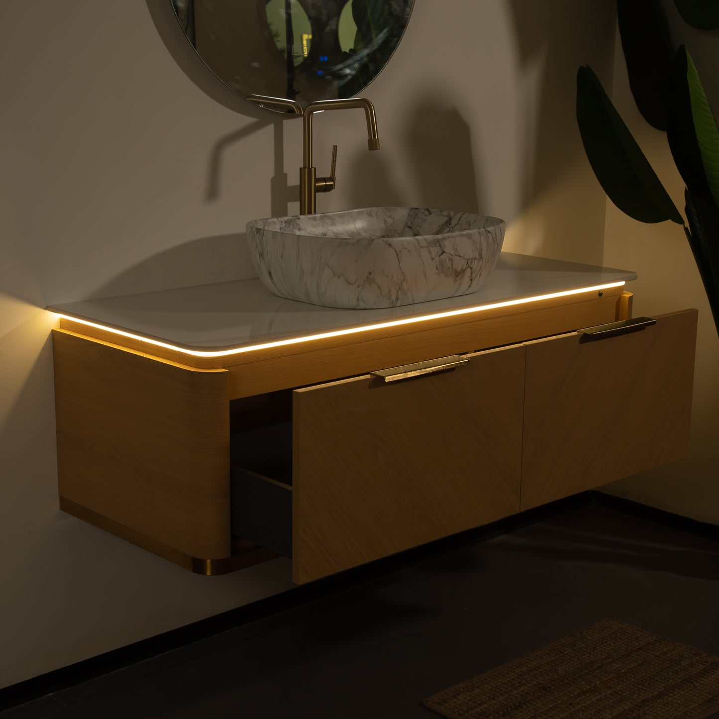 DIPA 60" Badezimmer-Waschtisch und Waschbecken, schwebender Sperrholz-Aufbewahrungsschrank mit Schublade, Eichenholzmaserung