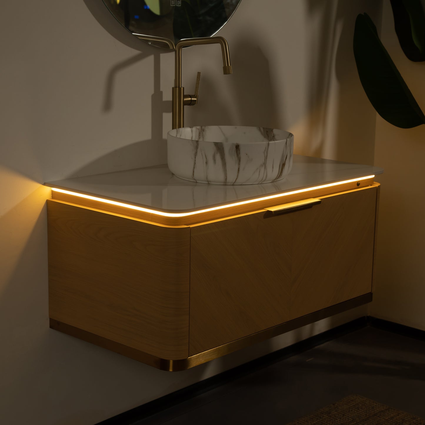 DIPA 60" Badezimmer-Waschtisch und Waschbecken, schwebender Sperrholz-Aufbewahrungsschrank mit Schublade, Eichenholzmaserung