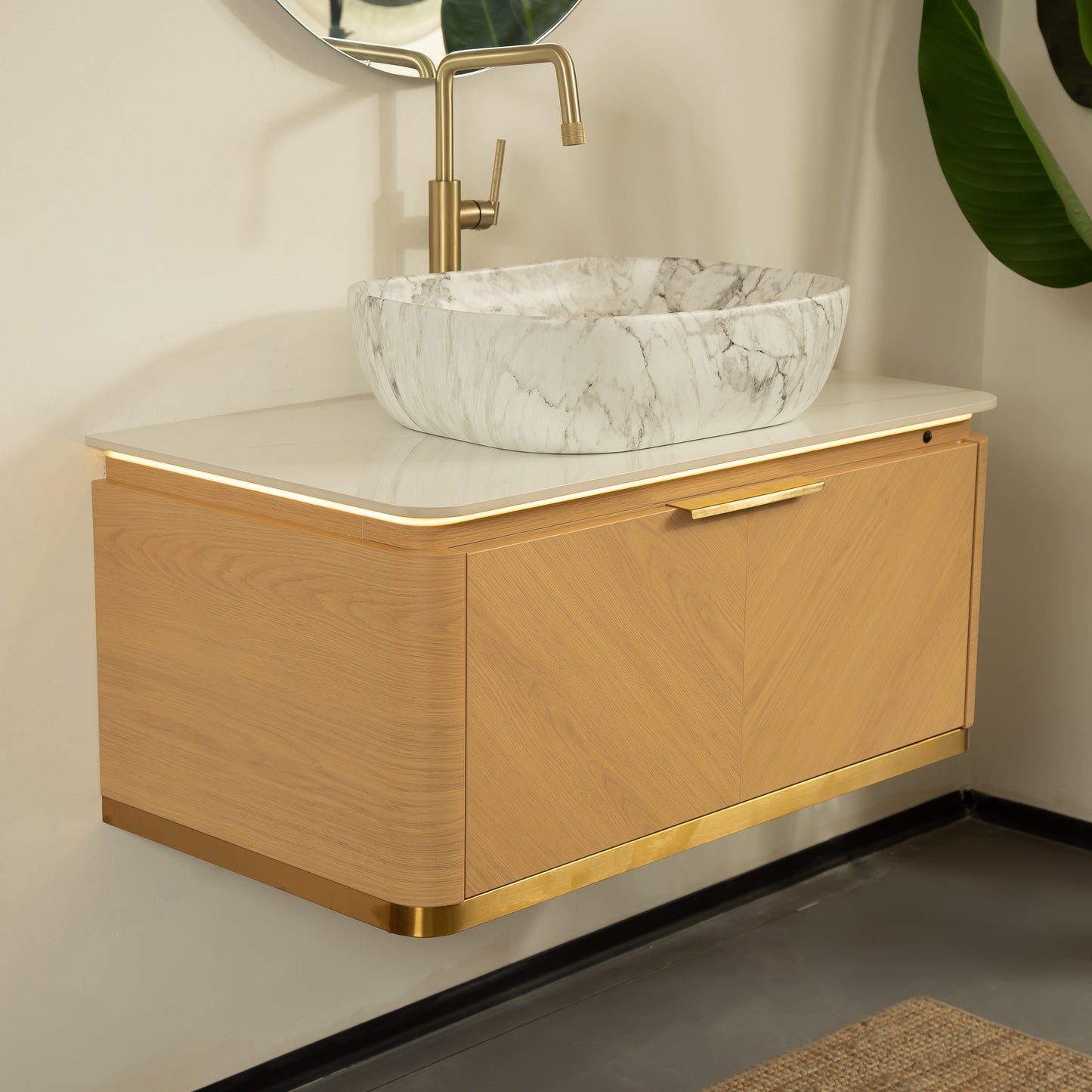 DIPA 60" Badezimmer-Waschtisch und Waschbecken, schwebender Sperrholz-Aufbewahrungsschrank mit 2 Schubladen, Sintersteinplatte