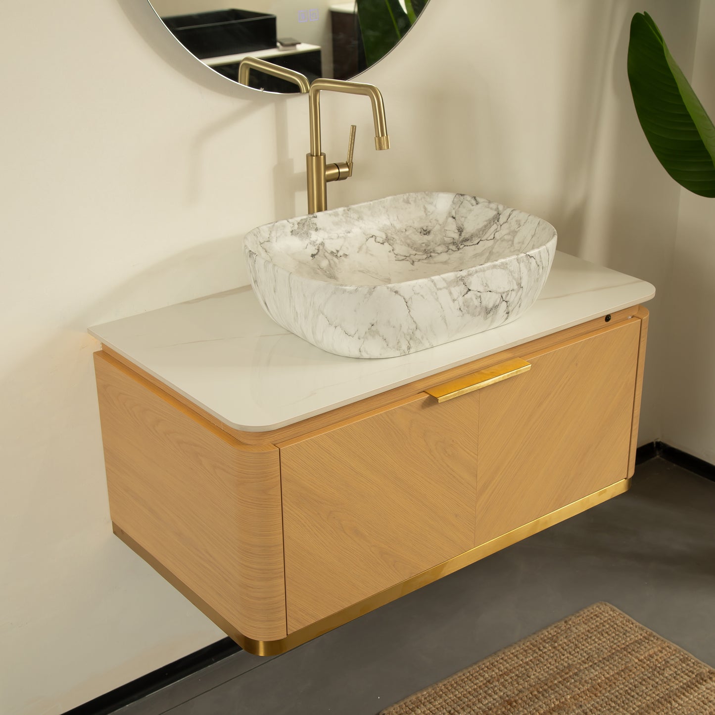 DIPA 60" Badezimmer-Waschtisch und Waschbecken, schwebender Sperrholz-Aufbewahrungsschrank mit 2 Schubladen, Sintersteinplatte