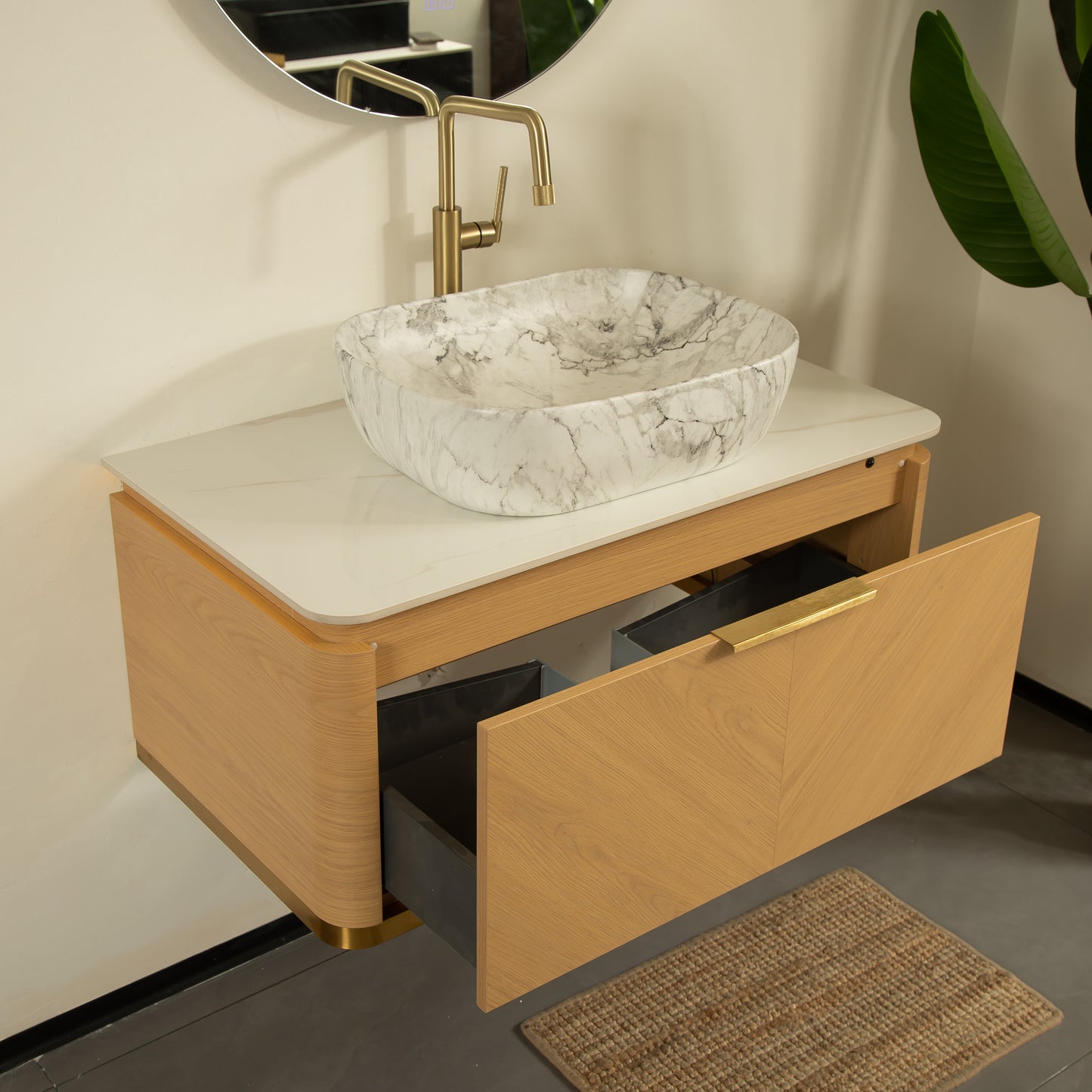 DIPA 60" Badezimmer-Waschtisch und Waschbecken, schwebender Sperrholz-Aufbewahrungsschrank mit 2 Schubladen, Sintersteinplatte