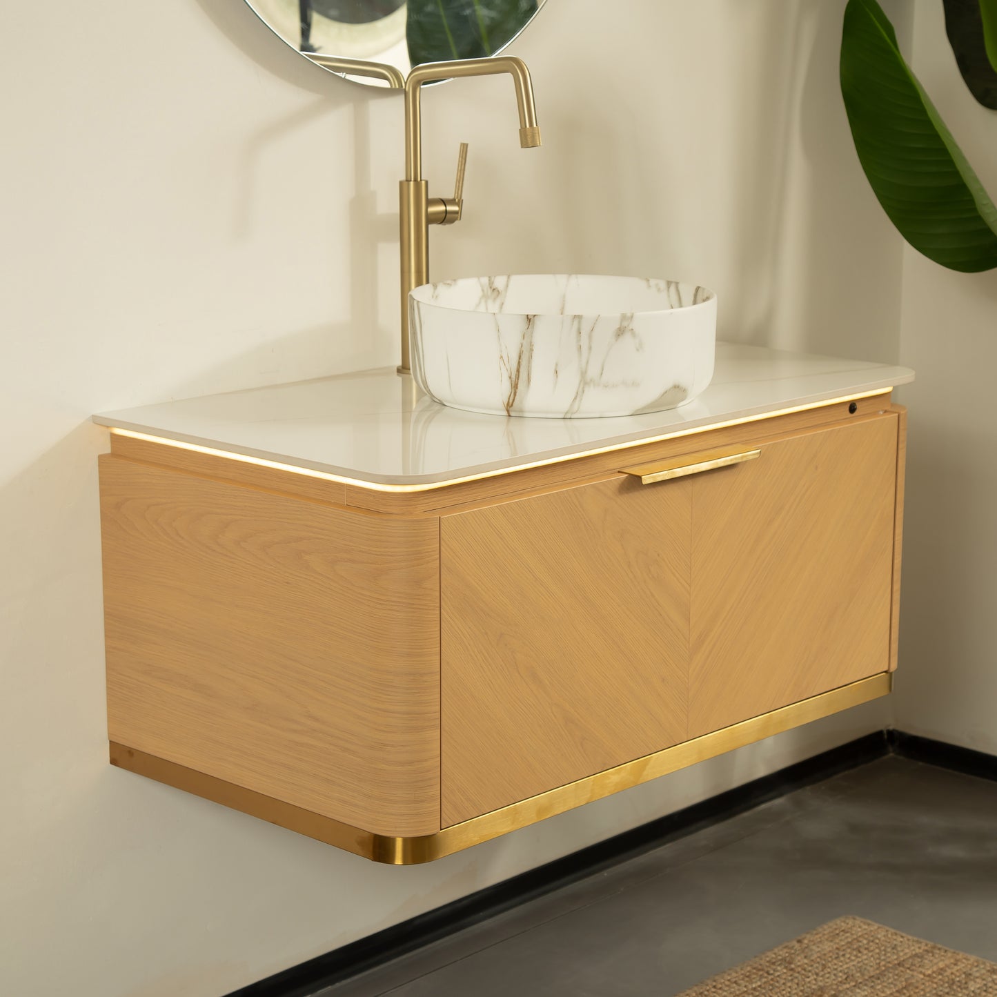 DIPA 60" Badezimmer-Waschtisch und Waschbecken, schwebender Sperrholz-Aufbewahrungsschrank mit Schublade, Eichenholzmaserung