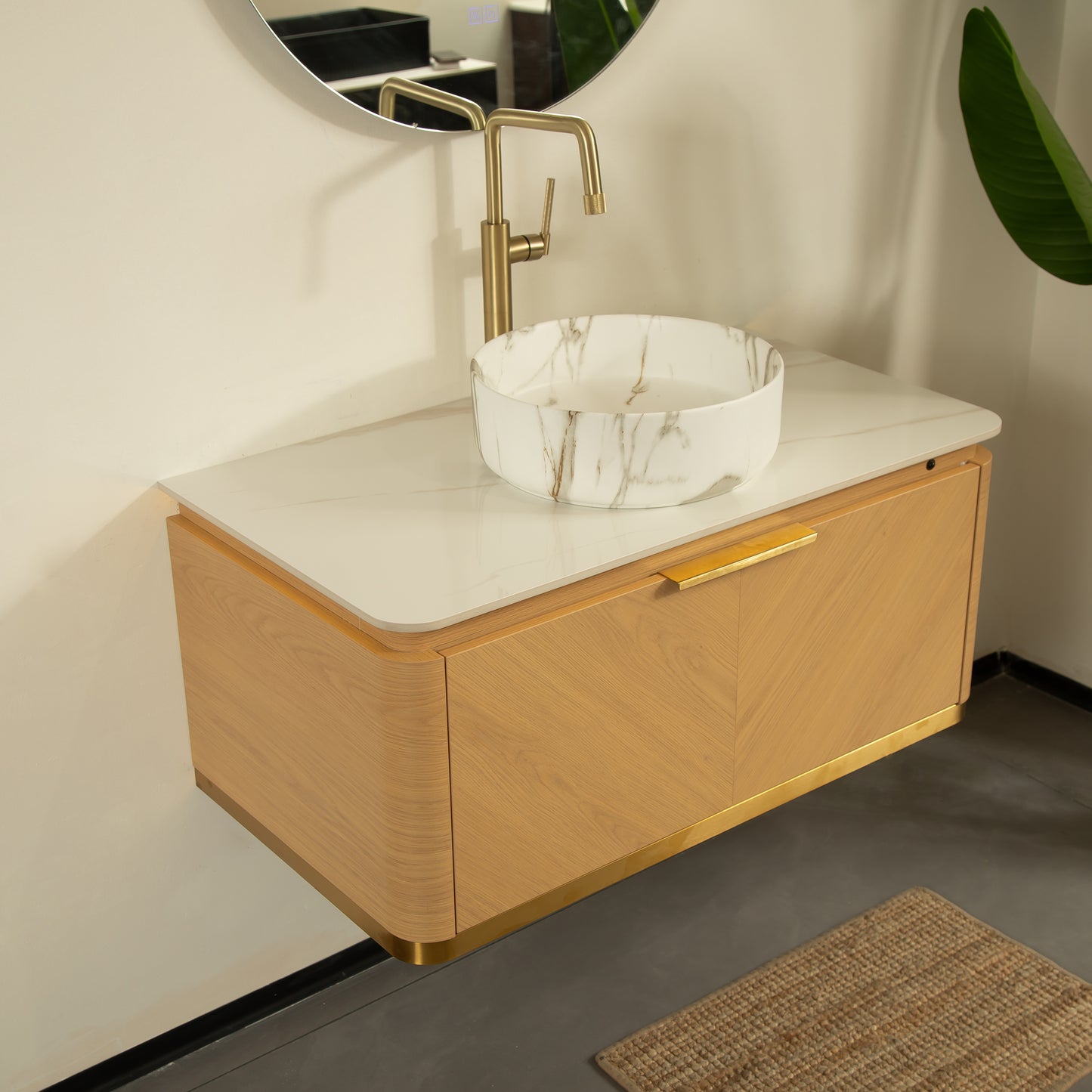 DIPA 60" Badezimmer-Waschtisch und Waschbecken, schwebender Sperrholz-Aufbewahrungsschrank mit Schublade, Eichenholzmaserung