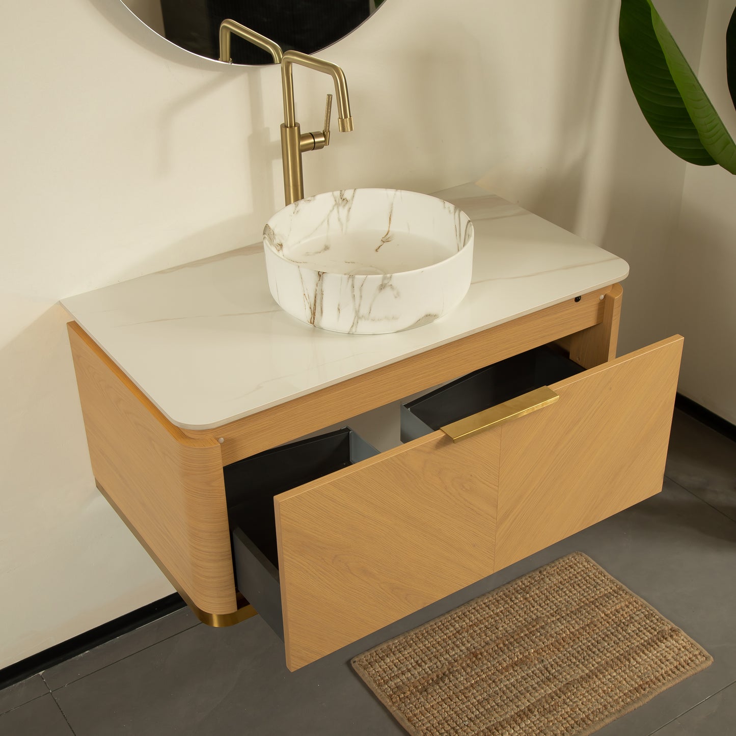 DIPA 60" Badezimmer-Waschtisch und Waschbecken, schwebender Sperrholz-Aufbewahrungsschrank mit Schublade, Eichenholzmaserung