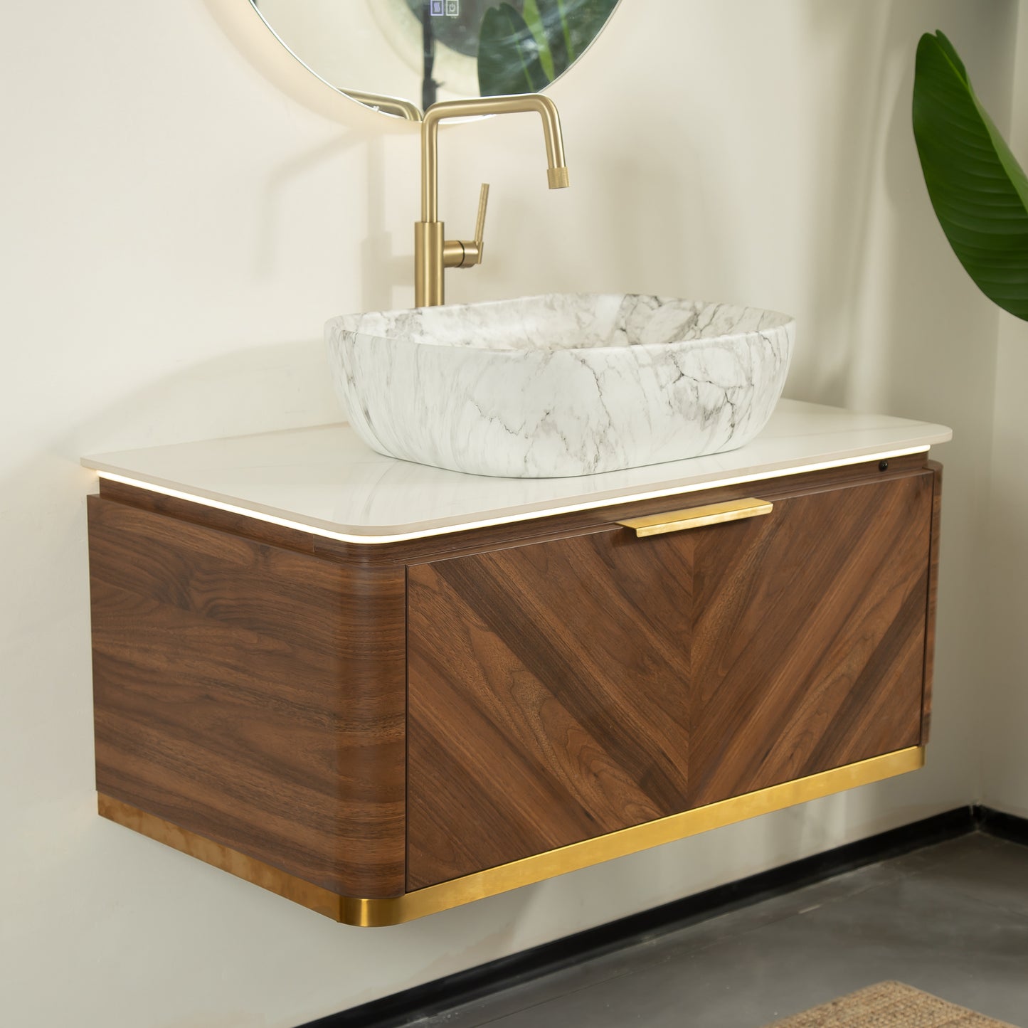 DIPA 60" Badezimmer-Waschtisch und Waschbecken, schwebender Sperrholz-Aufbewahrungsschrank, dunkle Walnussholzmaserung, gesinterte Steinplatte