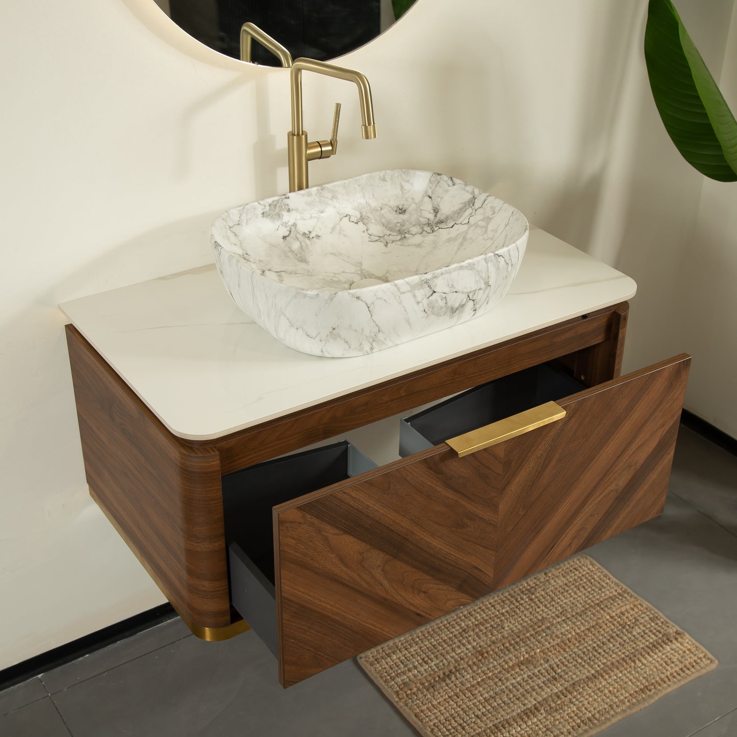 DIPA 60" Badezimmer-Waschtisch und Waschbecken, schwebender Sperrholz-Aufbewahrungsschrank, dunkle Walnussholzmaserung, gesinterte Steinplatte