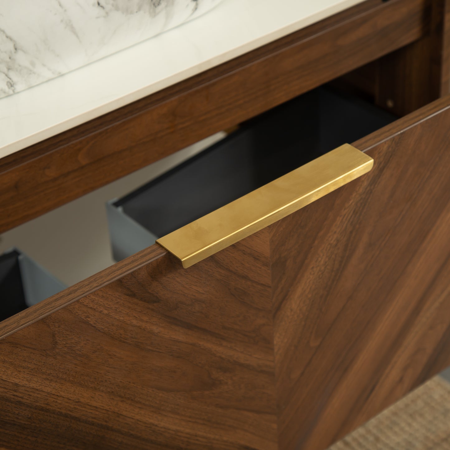 DIPA 60" Badezimmer-Waschtisch und Waschbecken, schwebender Sperrholz-Aufbewahrungsschrank, dunkle Walnussholzmaserung, gesinterte Steinplatte