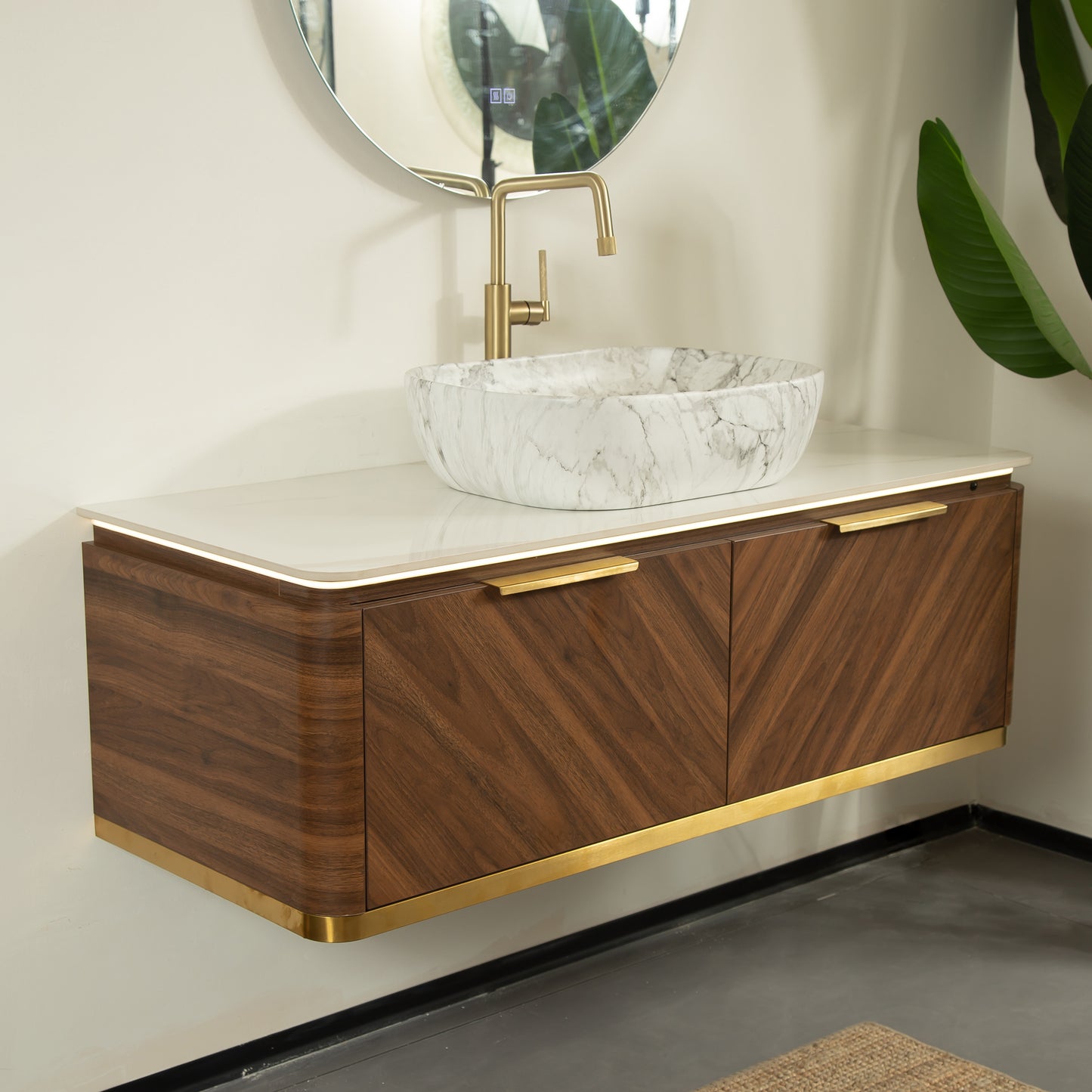 DIPA 60" Badezimmer-Waschtisch und Waschbecken, schwebender Sperrholz-Aufbewahrungsschrank, dunkle Walnussholzmaserung, gesinterte Steinplatte