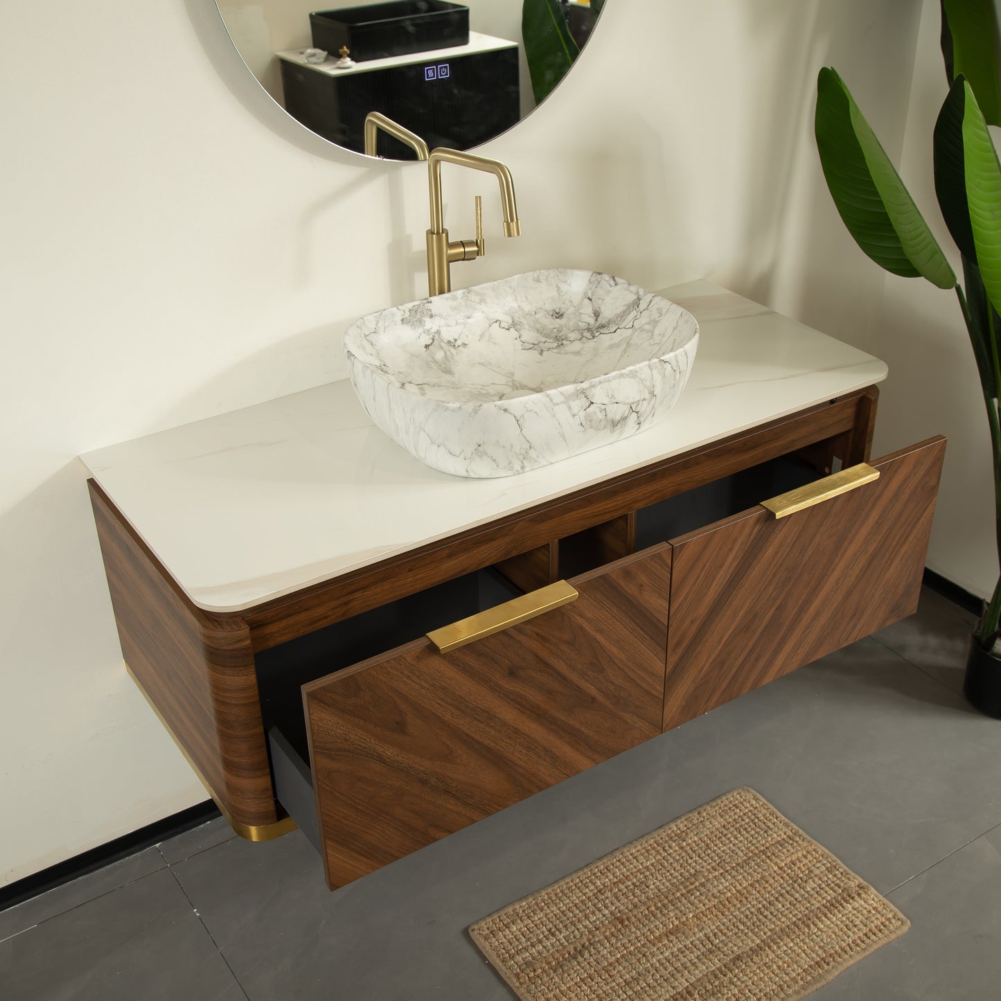 DIPA 60" Badezimmer-Waschtisch und Waschbecken, schwebender Sperrholz-Aufbewahrungsschrank, dunkle Walnussholzmaserung, gesinterte Steinplatte