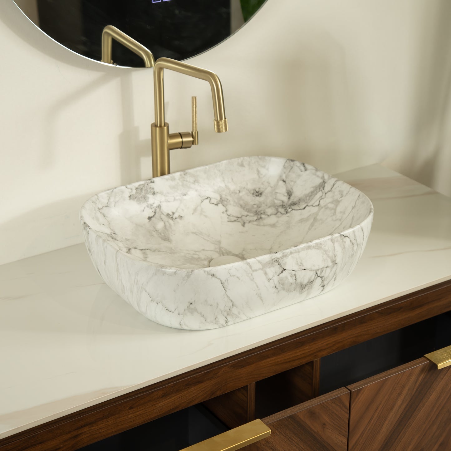 DIPA 60" Badezimmer-Waschtisch und Waschbecken, schwebender Sperrholz-Aufbewahrungsschrank, dunkle Walnussholzmaserung, gesinterte Steinplatte