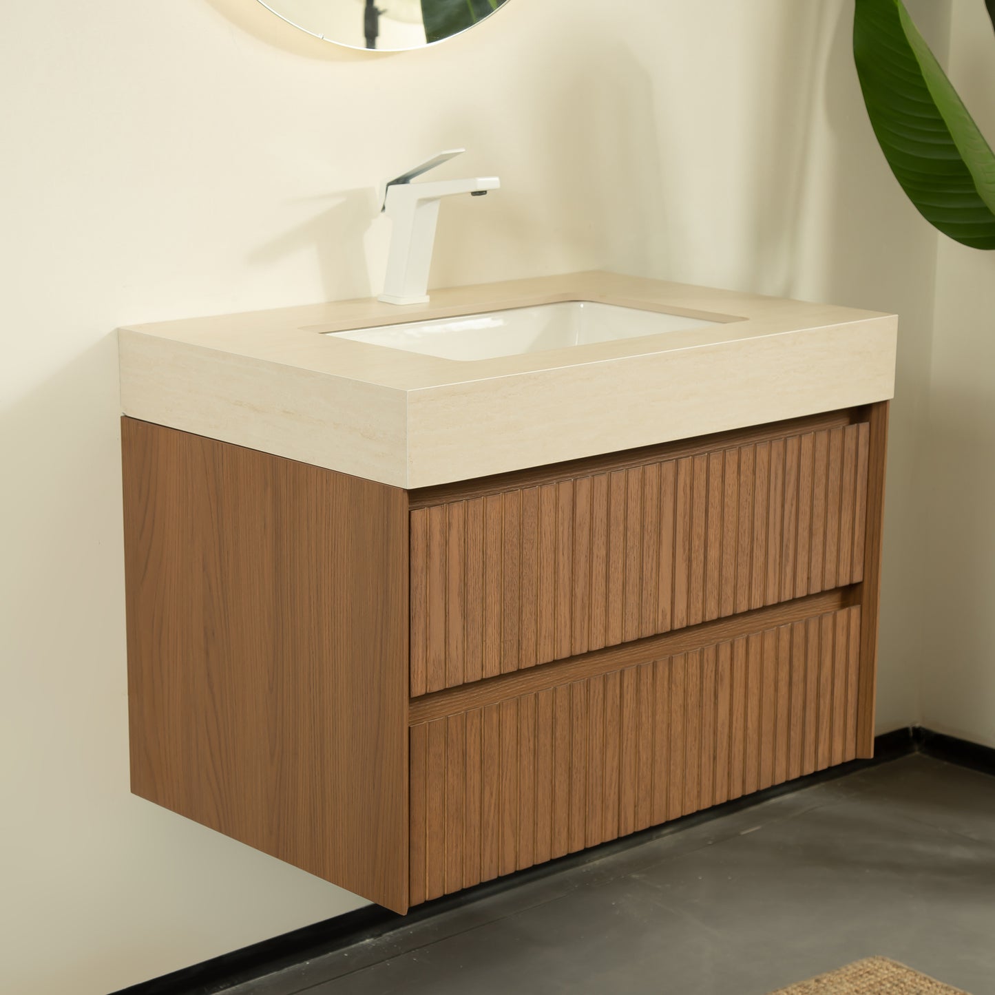 TILLEY 30" Bathroom Vanity&Sink, Floating Striped Plywood Storage Cabinet with 2 Drawers,Travertine-Pattern Sintered Stone Top