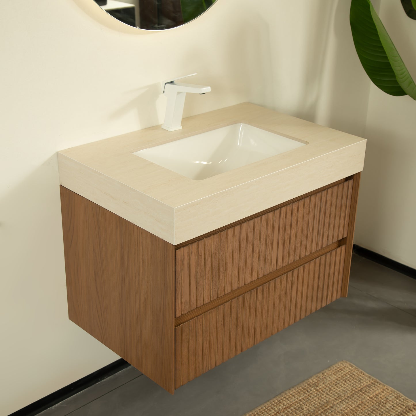 TILLEY 30" Bathroom Vanity&Sink, Floating Striped Plywood Storage Cabinet with 2 Drawers,Travertine-Pattern Sintered Stone Top