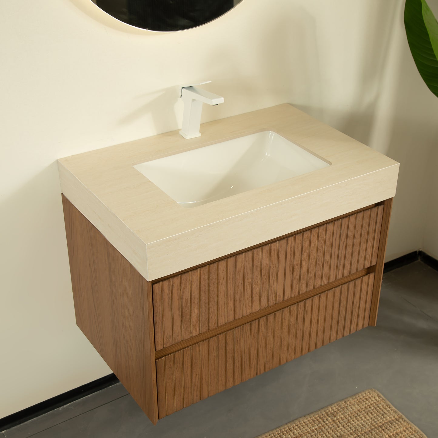 TILLEY 30" Bathroom Vanity&Sink, Floating Striped Plywood Storage Cabinet with 2 Drawers,Travertine-Pattern Sintered Stone Top