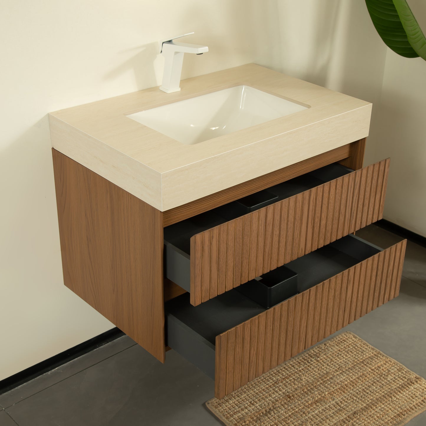 TILLEY 30" Bathroom Vanity&Sink, Floating Striped Plywood Storage Cabinet with 2 Drawers,Travertine-Pattern Sintered Stone Top