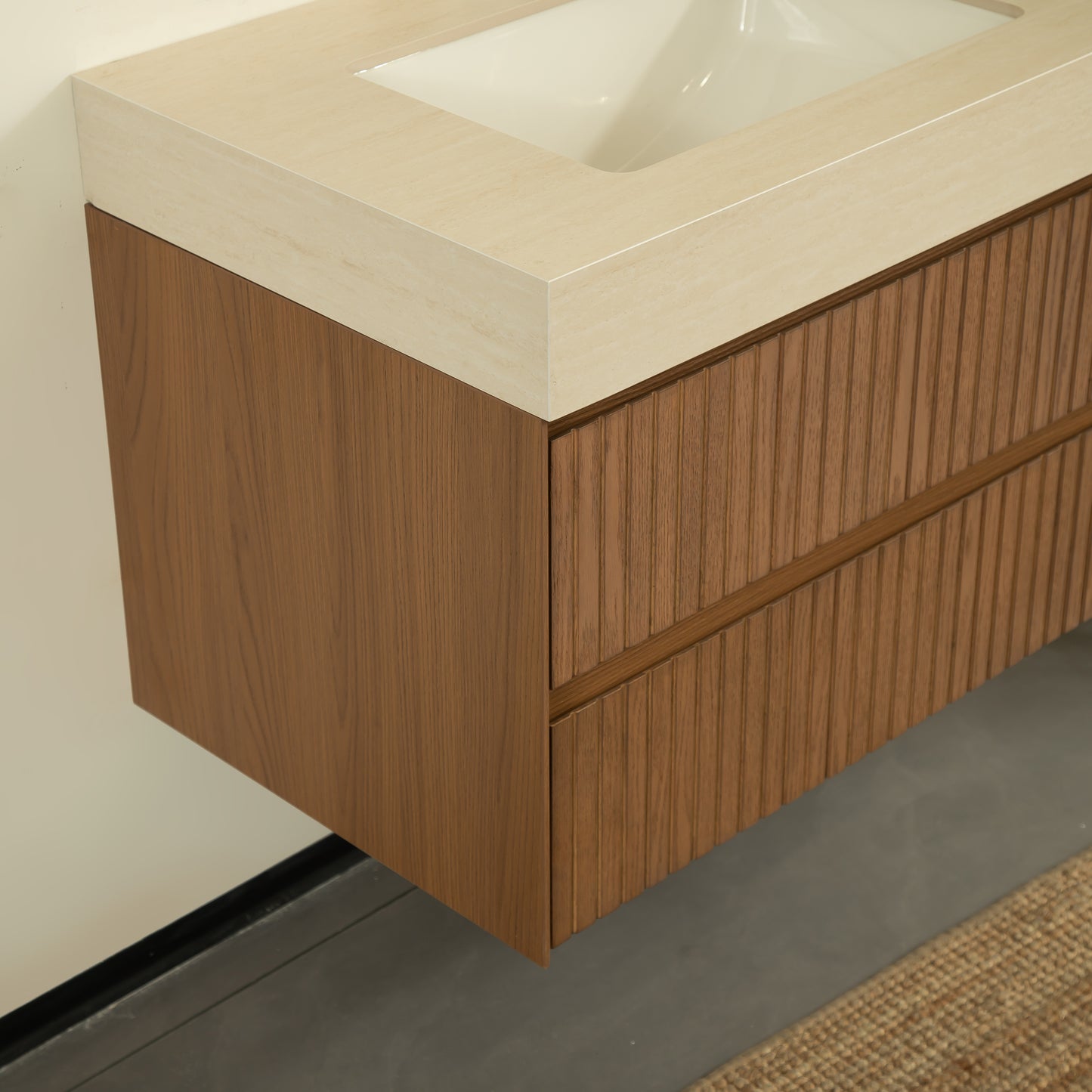 TILLEY 30" Bathroom Vanity&Sink, Floating Striped Plywood Storage Cabinet with 2 Drawers,Travertine-Pattern Sintered Stone Top