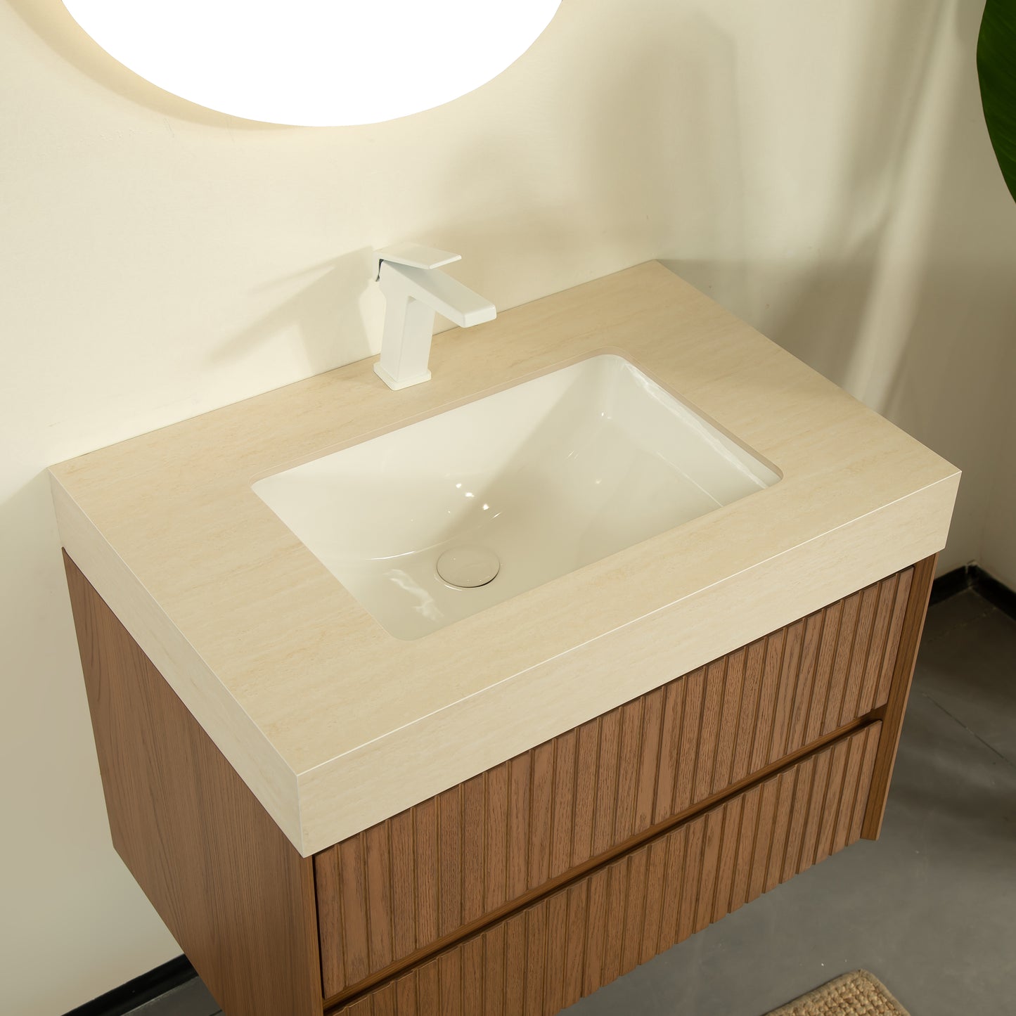 TILLEY 30" Bathroom Vanity&Sink, Floating Striped Plywood Storage Cabinet with 2 Drawers,Travertine-Pattern Sintered Stone Top