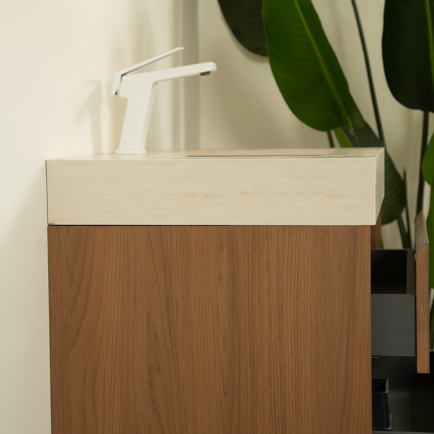 TILLEY 30" Bathroom Vanity&Sink, Floating Striped Plywood Storage Cabinet with 2 Drawers,Travertine-Pattern Sintered Stone Top