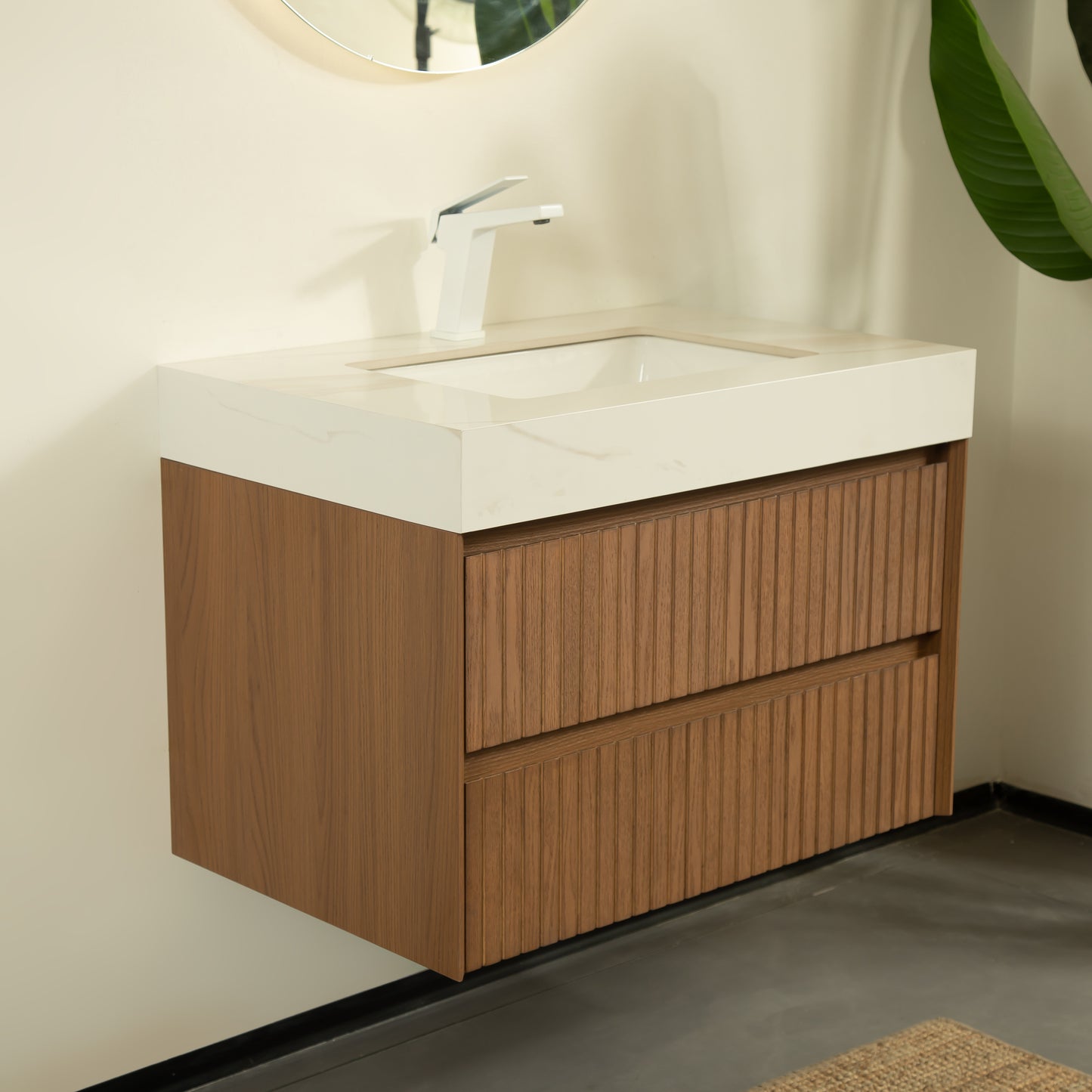 TILLEY 76,2 cm Badezimmer-Waschtisch und Waschbecken, wandmontierter Aufbewahrungsschrank aus gestreiftem Sperrholz mit 2 Schubladen, Calacatta-Gold