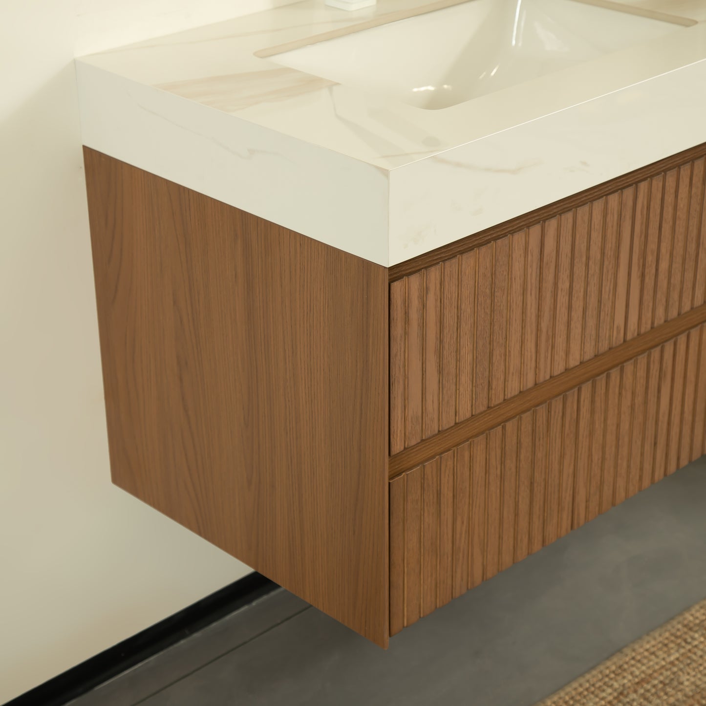 TILLEY 76,2 cm Badezimmer-Waschtisch und Waschbecken, wandmontierter Aufbewahrungsschrank aus gestreiftem Sperrholz mit 2 Schubladen, Calacatta-Gold