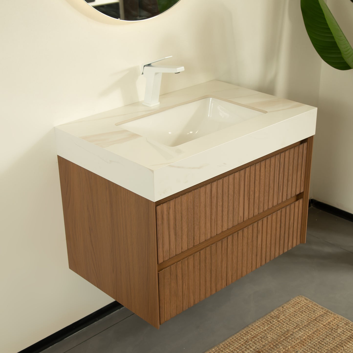 TILLEY 76,2 cm Badezimmer-Waschtisch und Waschbecken, wandmontierter Aufbewahrungsschrank aus gestreiftem Sperrholz mit 2 Schubladen, Calacatta-Gold