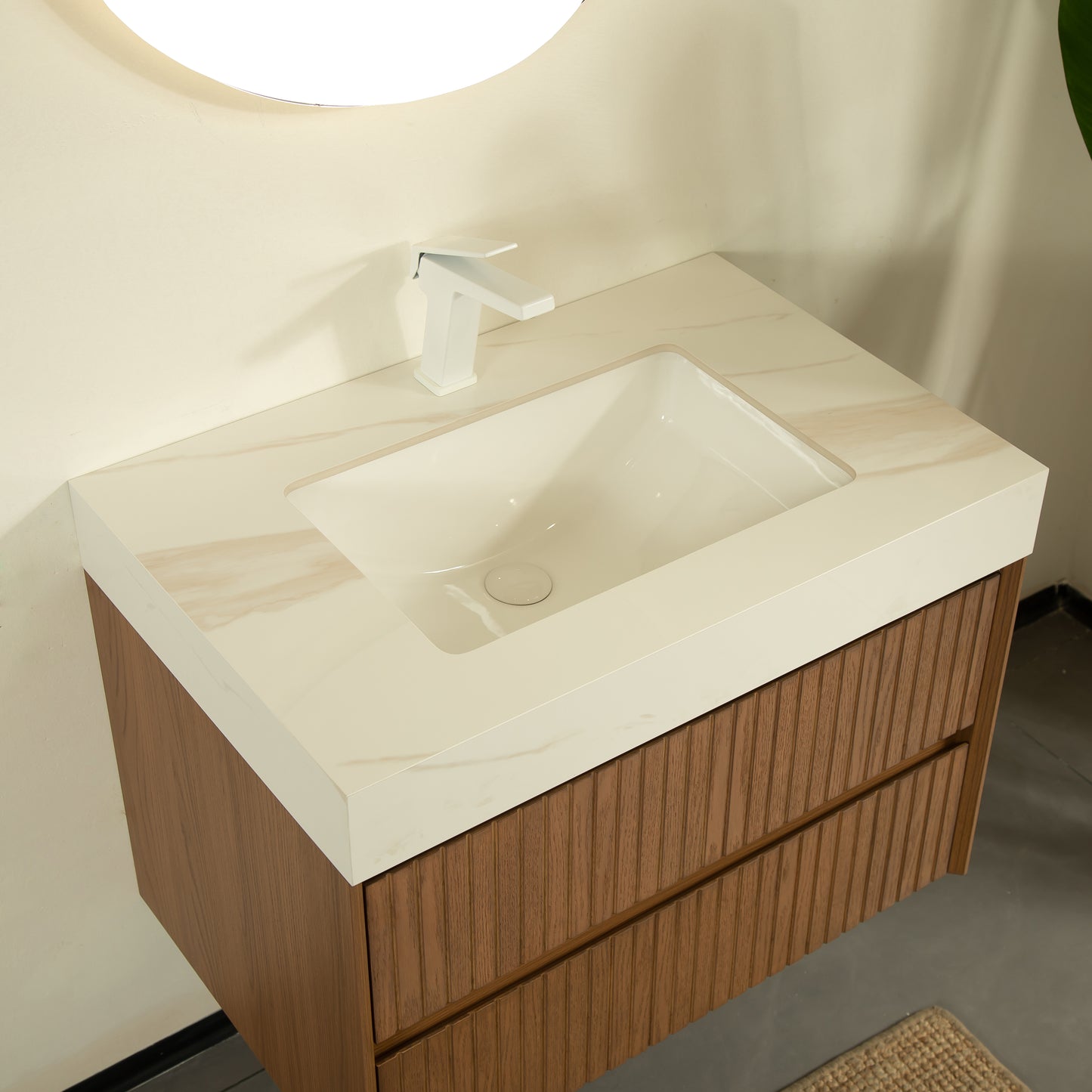 TILLEY 76,2 cm Badezimmer-Waschtisch und Waschbecken, wandmontierter Aufbewahrungsschrank aus gestreiftem Sperrholz mit 2 Schubladen, Calacatta-Gold