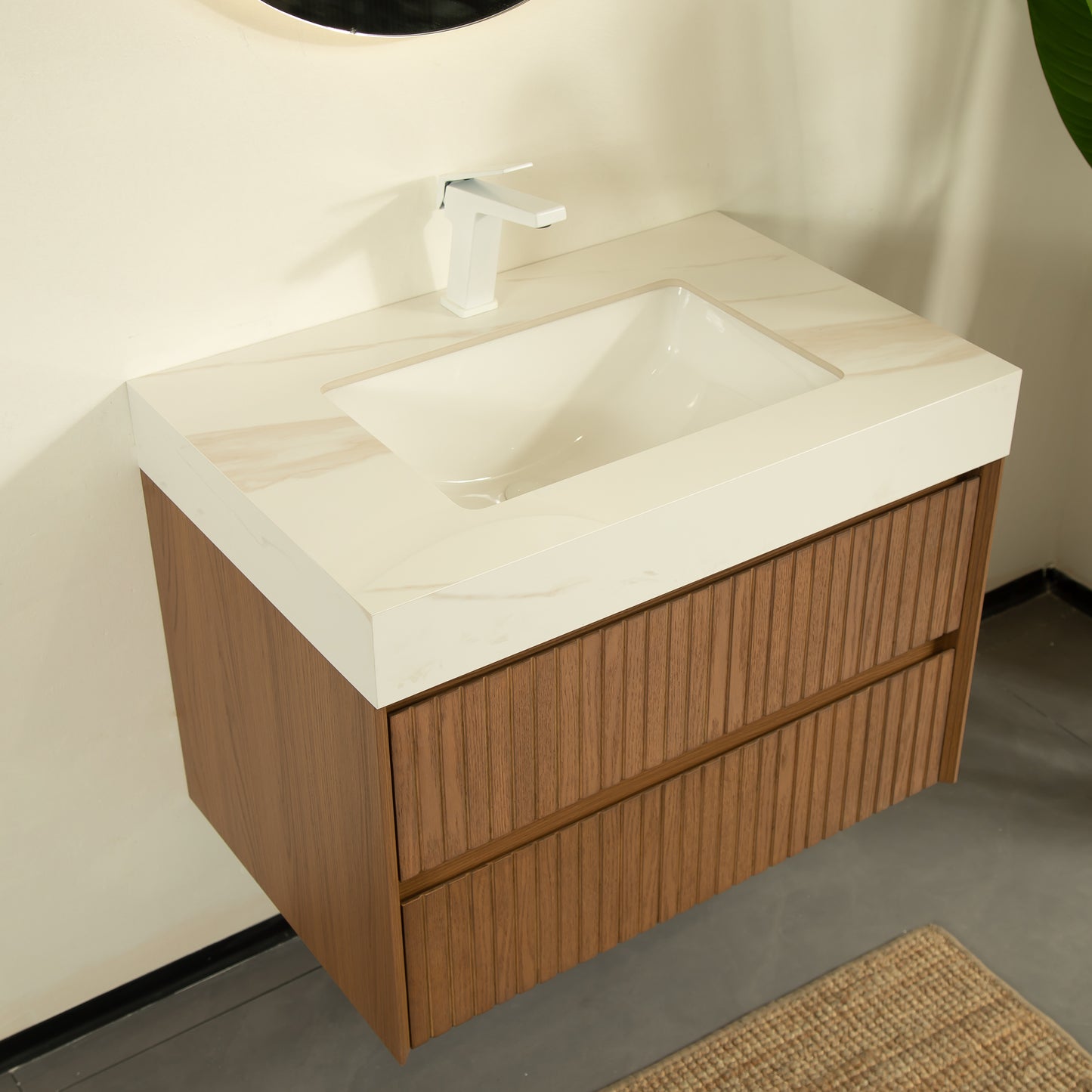 TILLEY 76,2 cm Badezimmer-Waschtisch und Waschbecken, wandmontierter Aufbewahrungsschrank aus gestreiftem Sperrholz mit 2 Schubladen, Calacatta-Gold