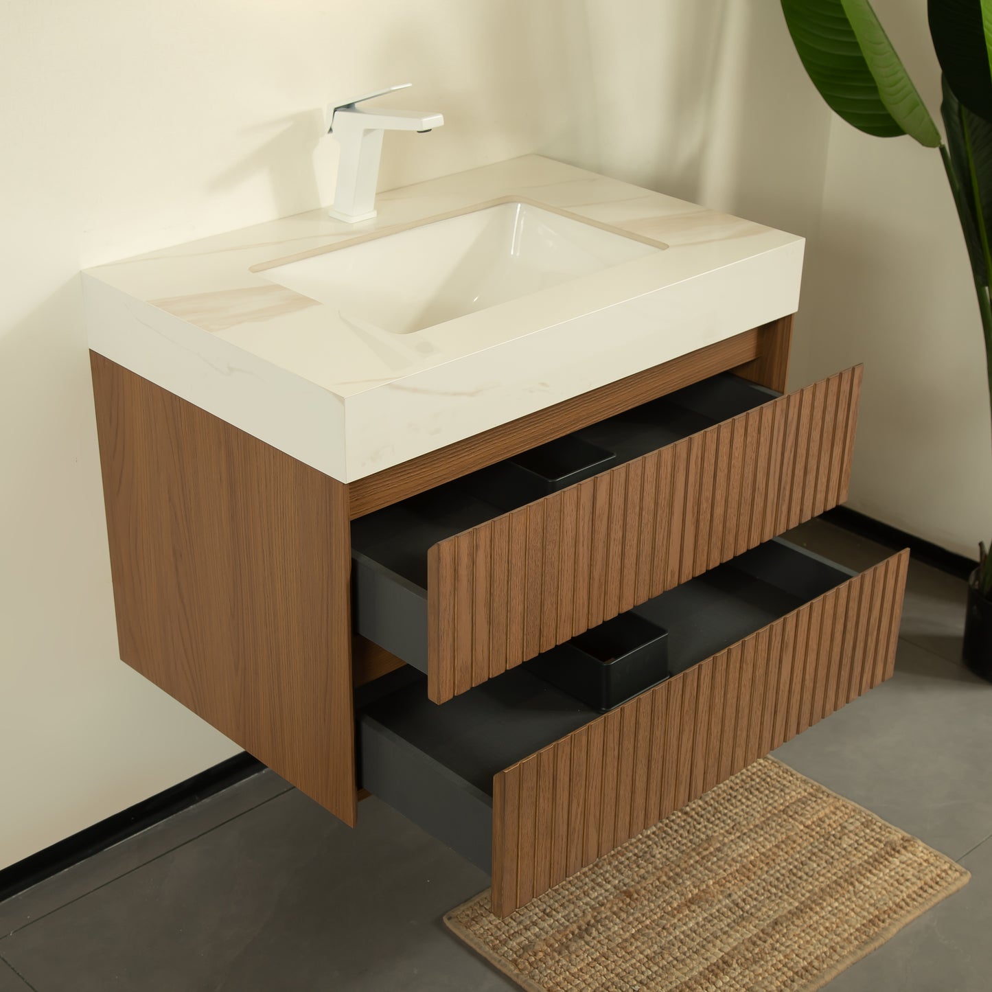 TILLEY 76,2 cm Badezimmer-Waschtisch und Waschbecken, wandmontierter Aufbewahrungsschrank aus gestreiftem Sperrholz mit 2 Schubladen, Calacatta-Gold