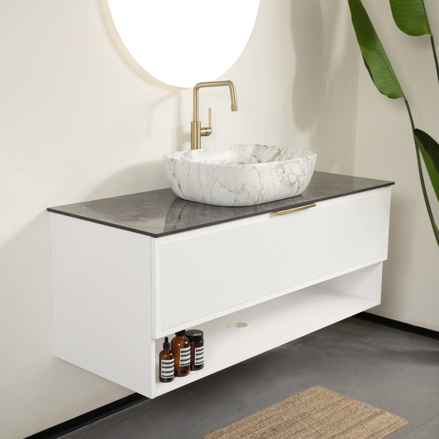 MALONE 48" Badezimmer-Waschtisch mit Waschbecken, schwebender Sperrholz-Aufbewahrungsschrank