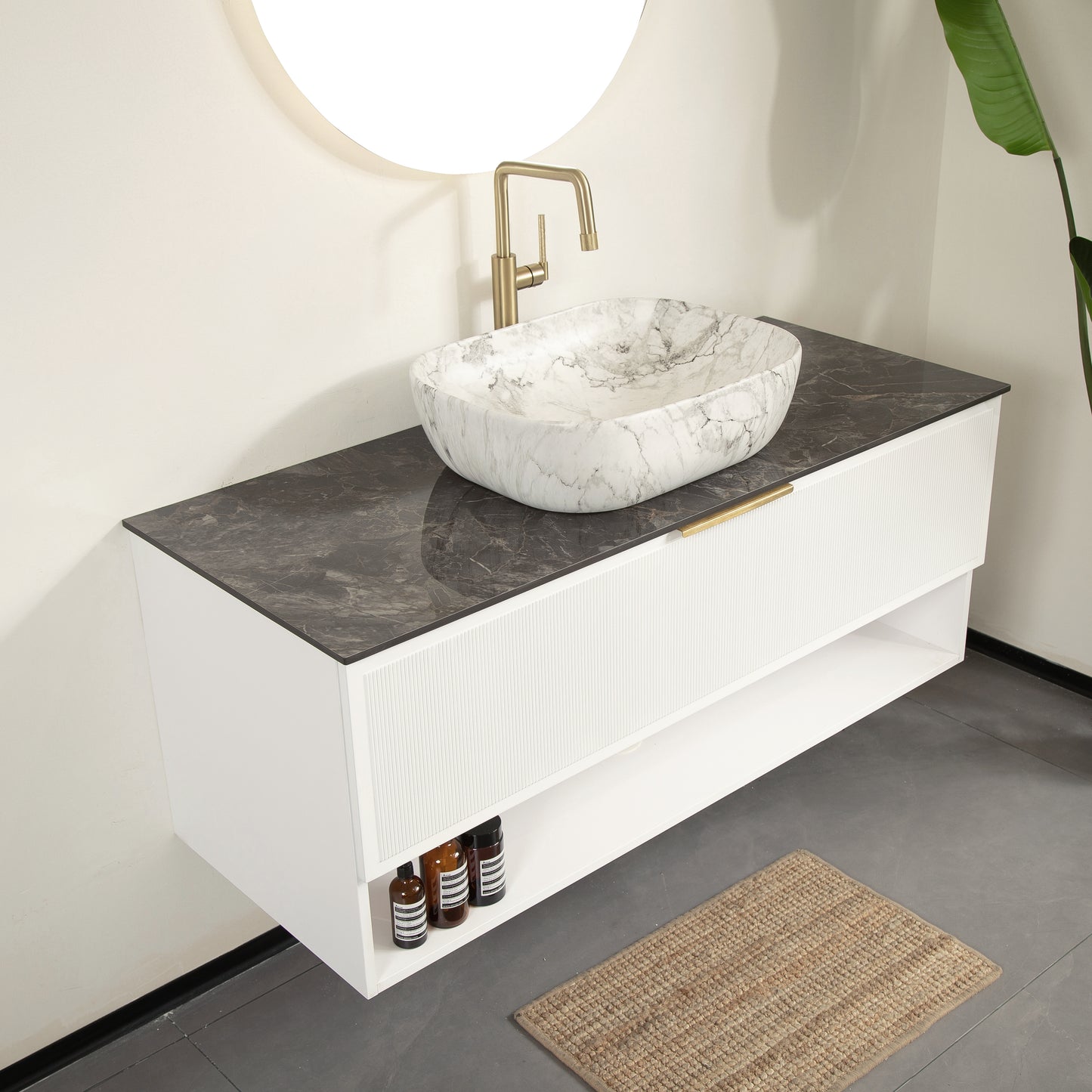 MALONE 48" Badezimmer-Waschtisch mit Waschbecken, schwebender Sperrholz-Aufbewahrungsschrank