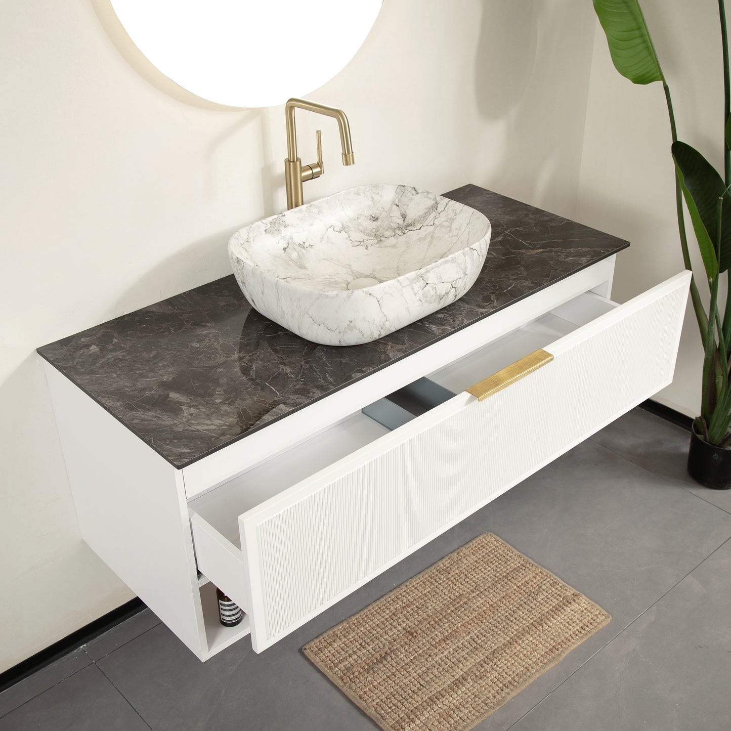 MALONE 48" Badezimmer-Waschtisch mit Waschbecken, schwebender Sperrholz-Aufbewahrungsschrank