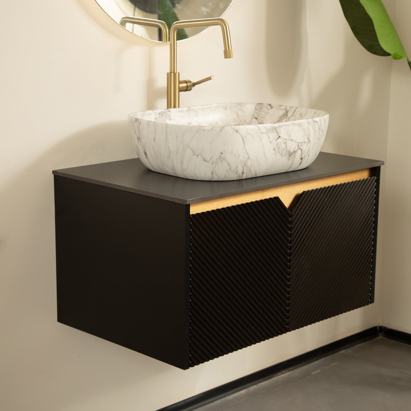 RUBEN 48" Bathroom Vanity&Sink, Wall-Mounted Floating Plywood Storage Cabinet,Black,Marble Pattern Rectangle Ceramic Vessel Basin