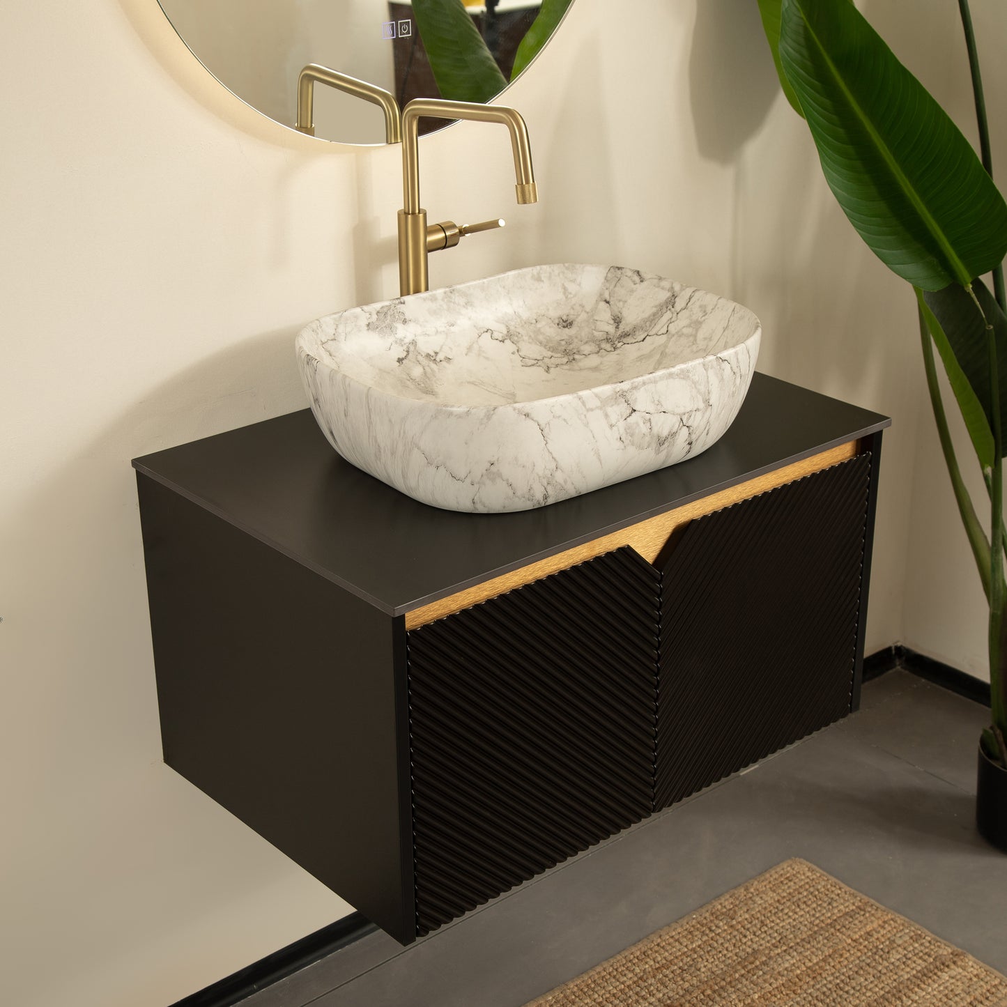 RUBEN 48" Bathroom Vanity&Sink, Wall-Mounted Floating Plywood Storage Cabinet,Black,Marble Pattern Rectangle Ceramic Vessel Basin