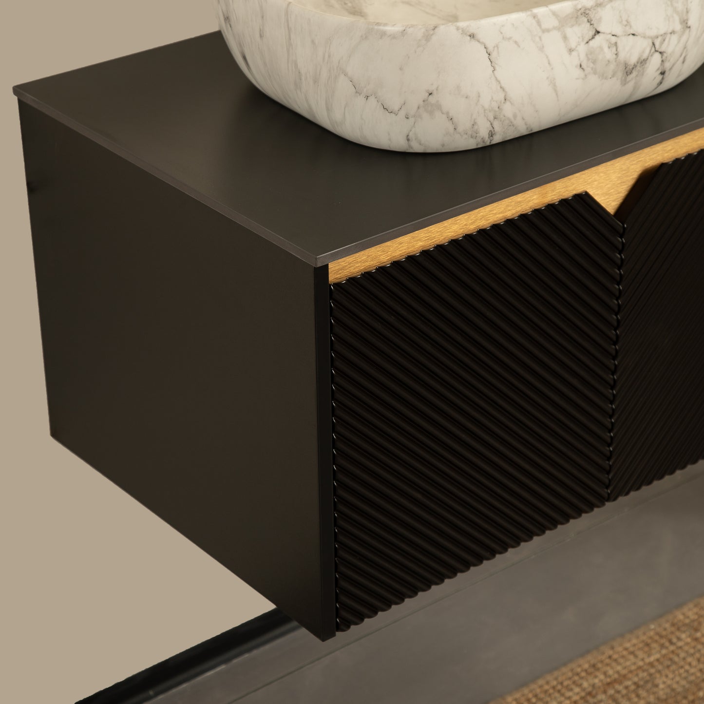 RUBEN 48" Bathroom Vanity&Sink, Wall-Mounted Floating Plywood Storage Cabinet,Black,Marble Pattern Rectangle Ceramic Vessel Basin