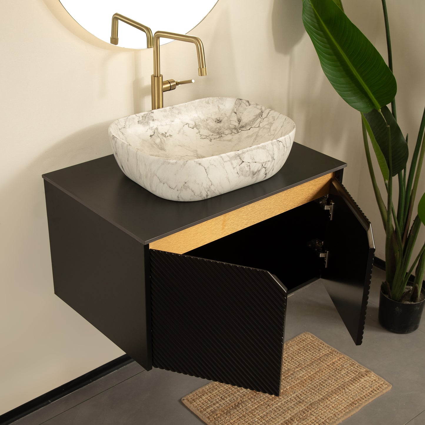 RUBEN 48" Bathroom Vanity&Sink, Wall-Mounted Floating Plywood Storage Cabinet,Black,Marble Pattern Rectangle Ceramic Vessel Basin