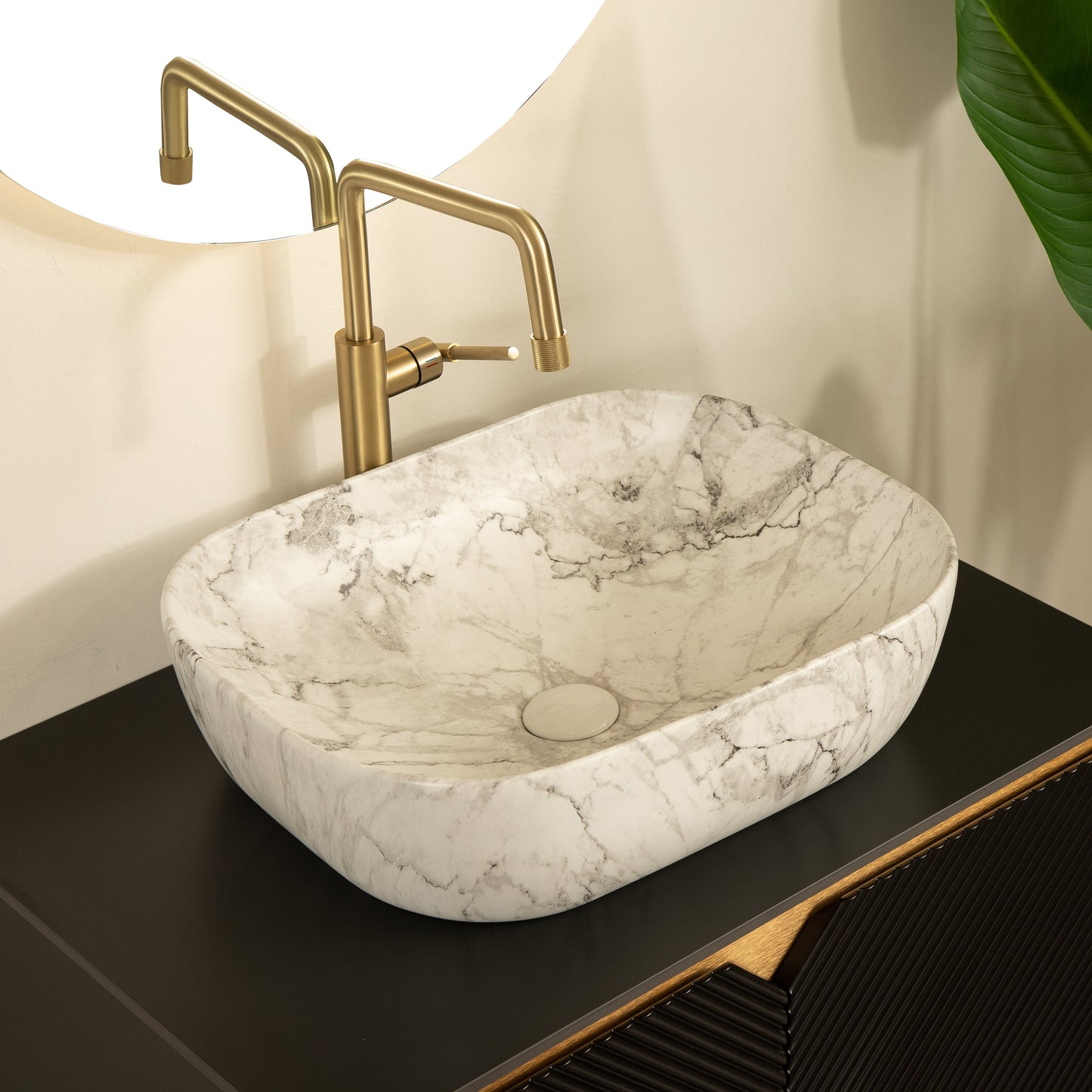 RUBEN 48" Bathroom Vanity&Sink, Wall-Mounted Floating Plywood Storage Cabinet,Black,Marble Pattern Rectangle Ceramic Vessel Basin