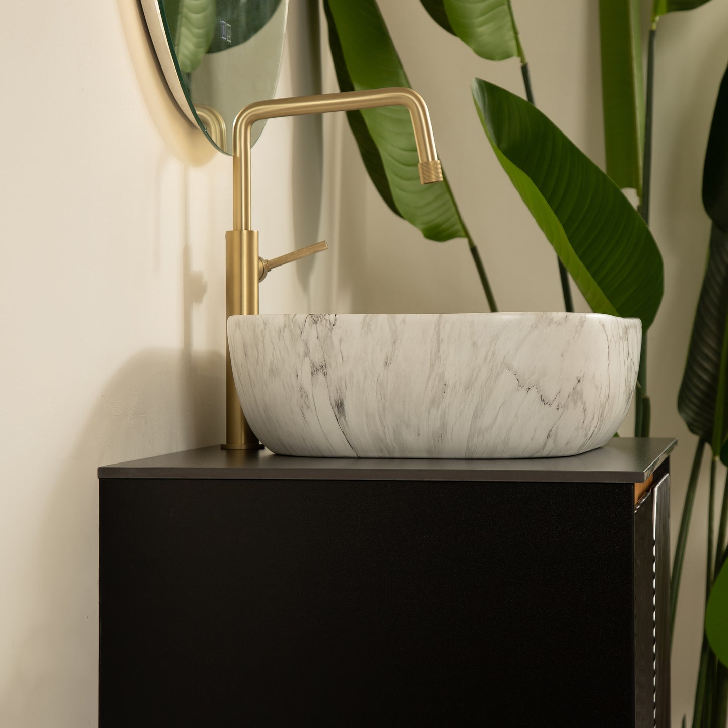 RUBEN 48" Bathroom Vanity&Sink, Wall-Mounted Floating Plywood Storage Cabinet,Black,Marble Pattern Rectangle Ceramic Vessel Basin