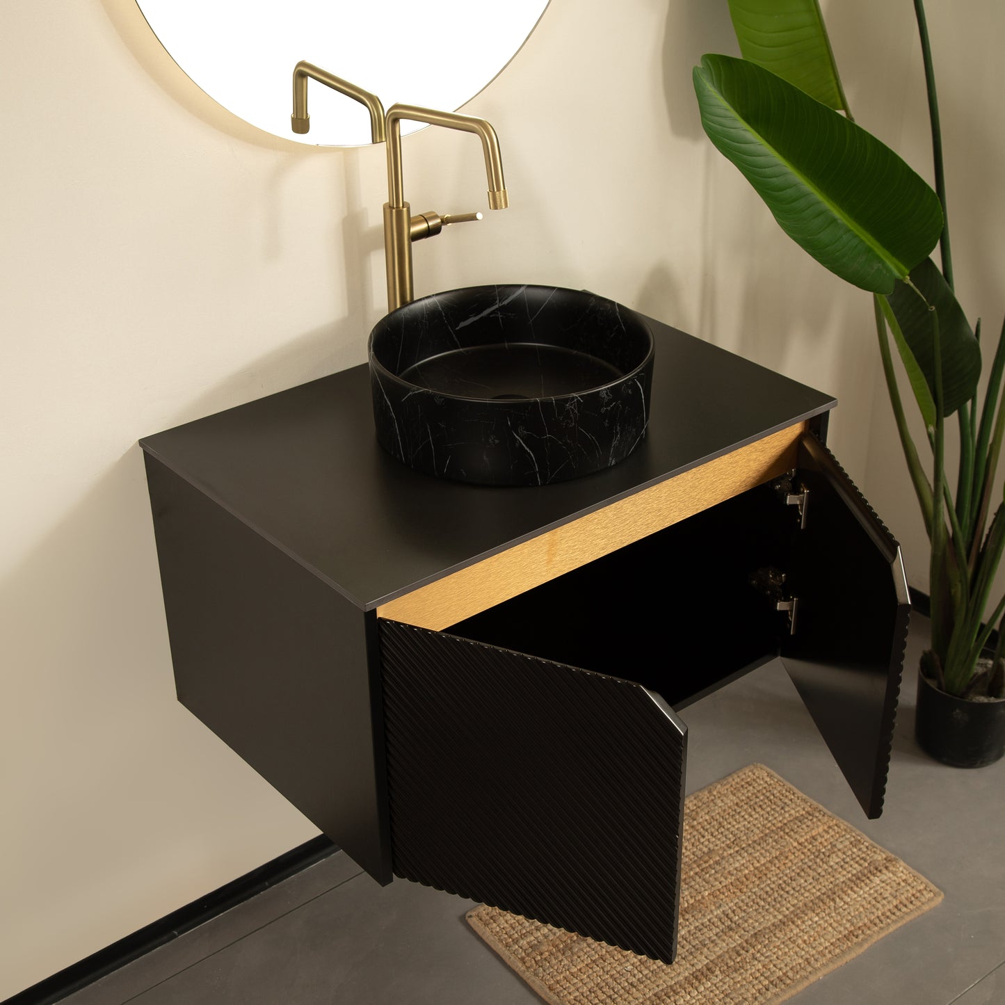 RUBEN 30" Bathroom Vanity&Sink, Wall-Mounted Floating Plywood Storage Cabinet, Black, Black Round Ceramic Vessel Basin