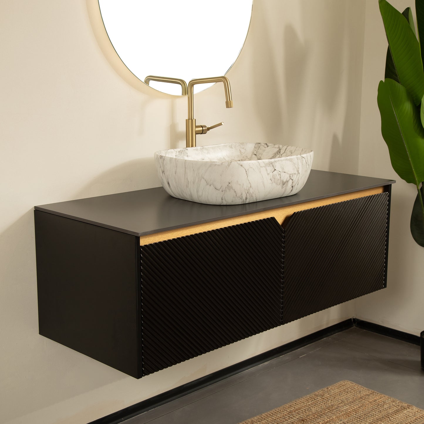 RUBEN 48" Bathroom Vanity&Sink, Wall-Mounted Floating Plywood Storage Cabinet,Black,Marble Pattern Rectangle Ceramic Vessel Basin