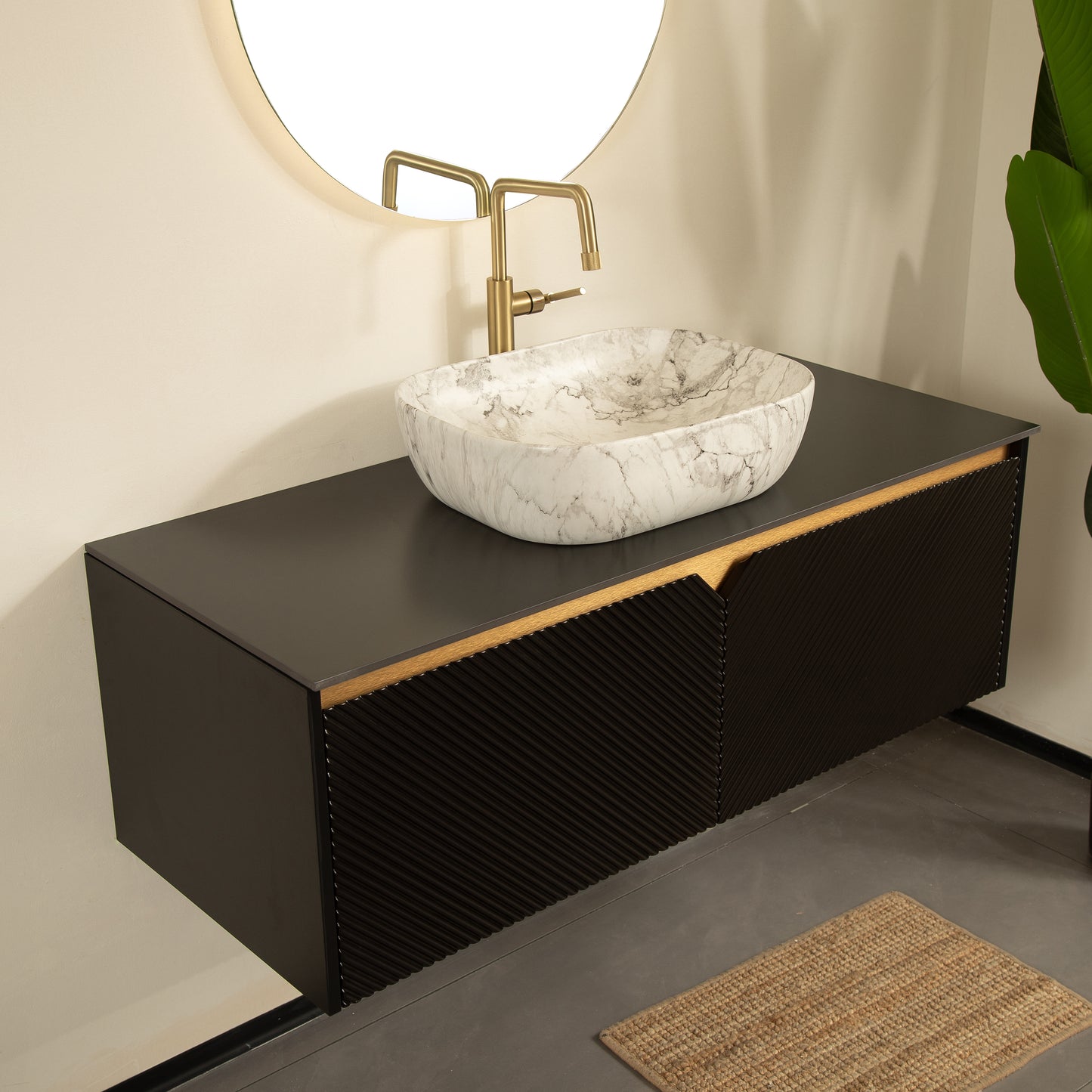 RUBEN 48" Bathroom Vanity&Sink, Wall-Mounted Floating Plywood Storage Cabinet,Black,Marble Pattern Rectangle Ceramic Vessel Basin