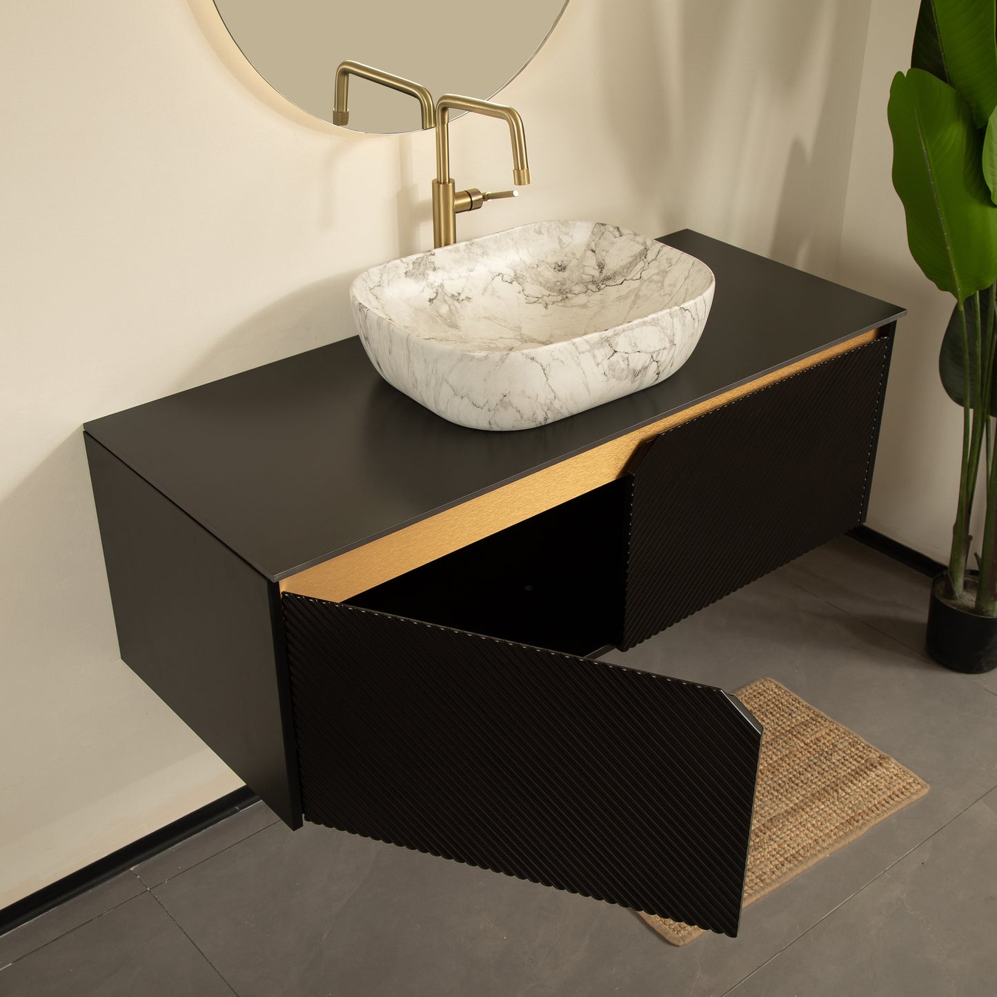 RUBEN 48" Bathroom Vanity&Sink, Wall-Mounted Floating Plywood Storage Cabinet,Black,Marble Pattern Rectangle Ceramic Vessel Basin