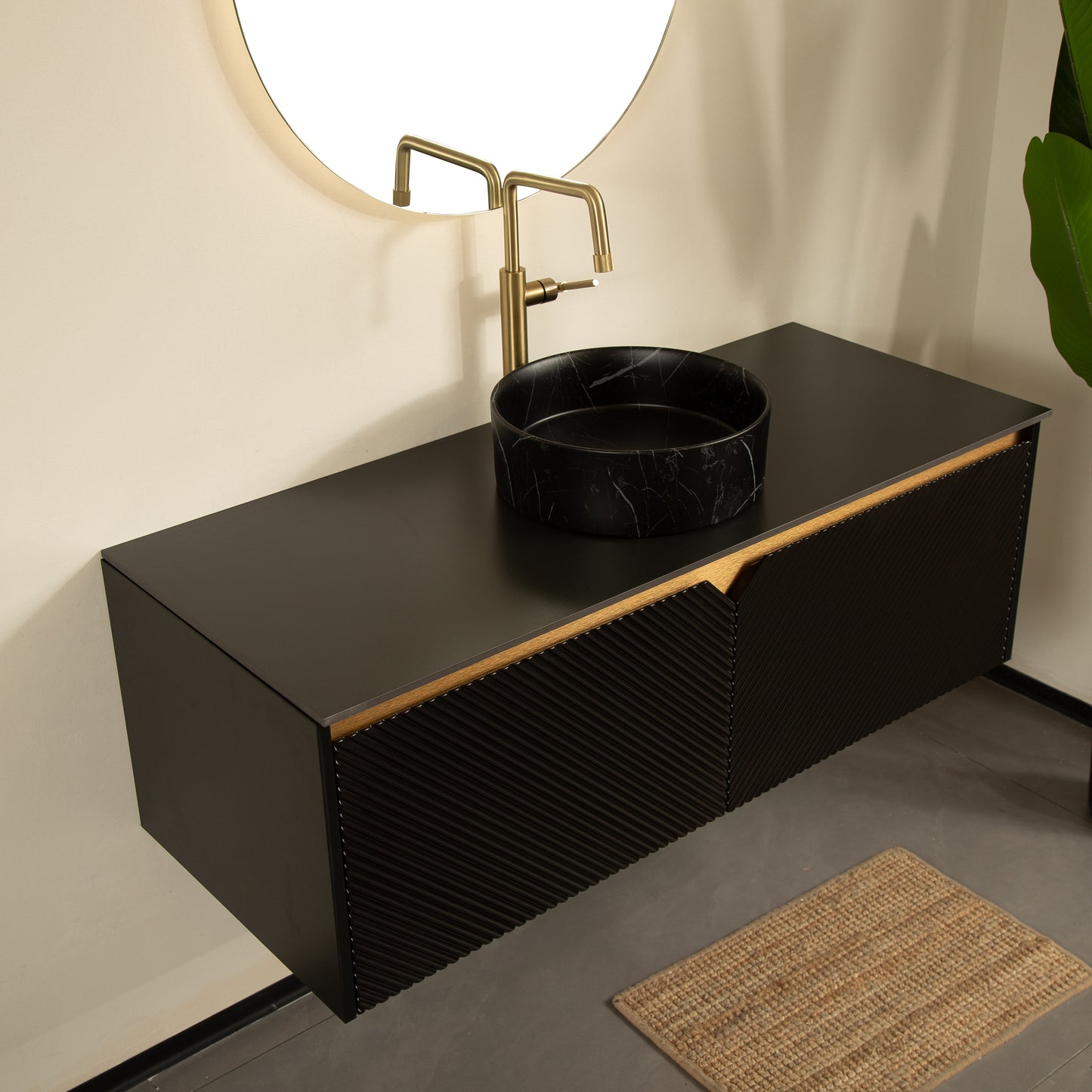 RUBEN 30" Bathroom Vanity&Sink, Wall-Mounted Floating Plywood Storage Cabinet, Black, Black Round Ceramic Vessel Basin