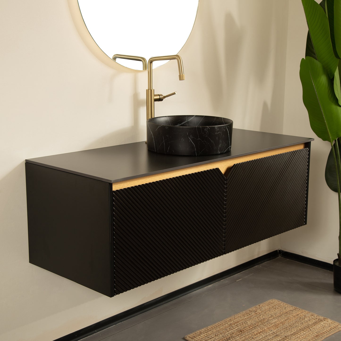 RUBEN 30" Bathroom Vanity&Sink, Wall-Mounted Floating Plywood Storage Cabinet, Black, Black Round Ceramic Vessel Basin