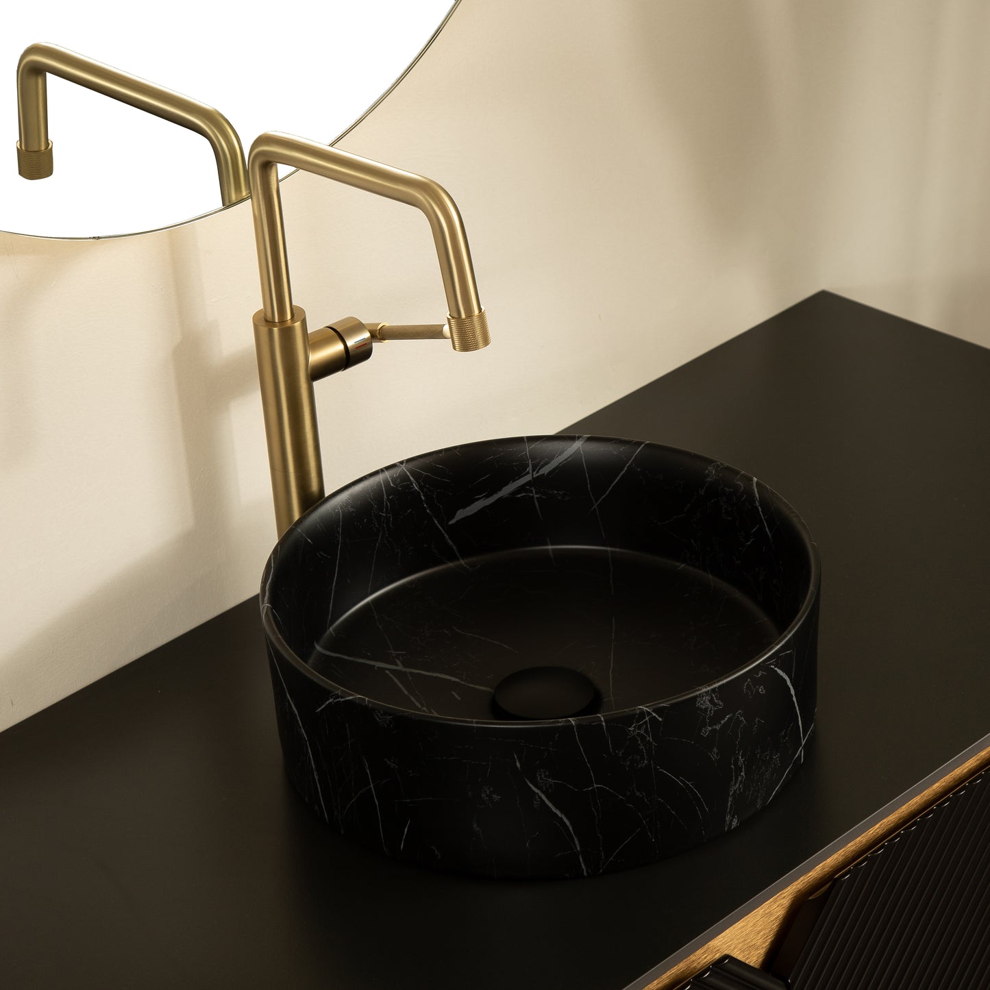 RUBEN 30" Bathroom Vanity&Sink, Wall-Mounted Floating Plywood Storage Cabinet, Black, Black Round Ceramic Vessel Basin