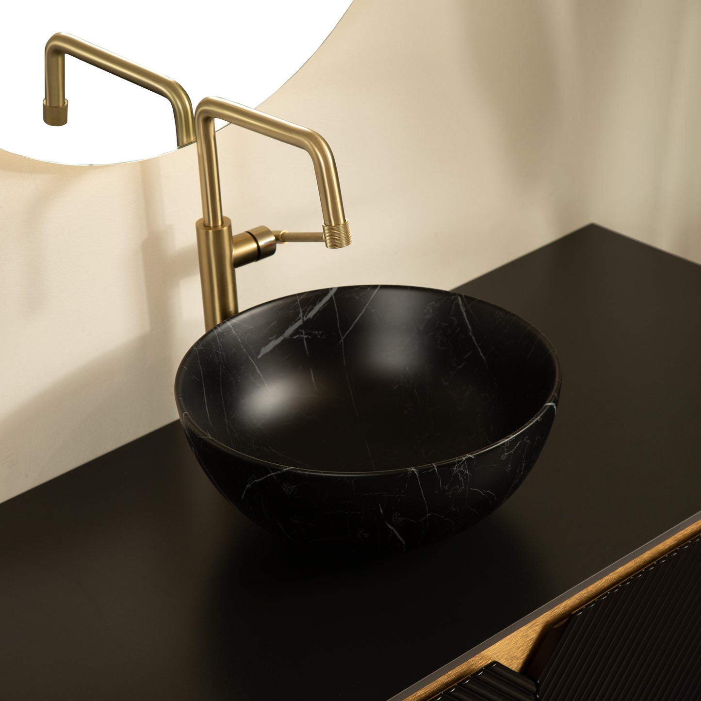 RUBEN 48" Bathroom Vanity&Sink, Wall-Mounted Floating Plywood Storage Cabinet, Black,Black Bowl Ceramic Vessel Basin