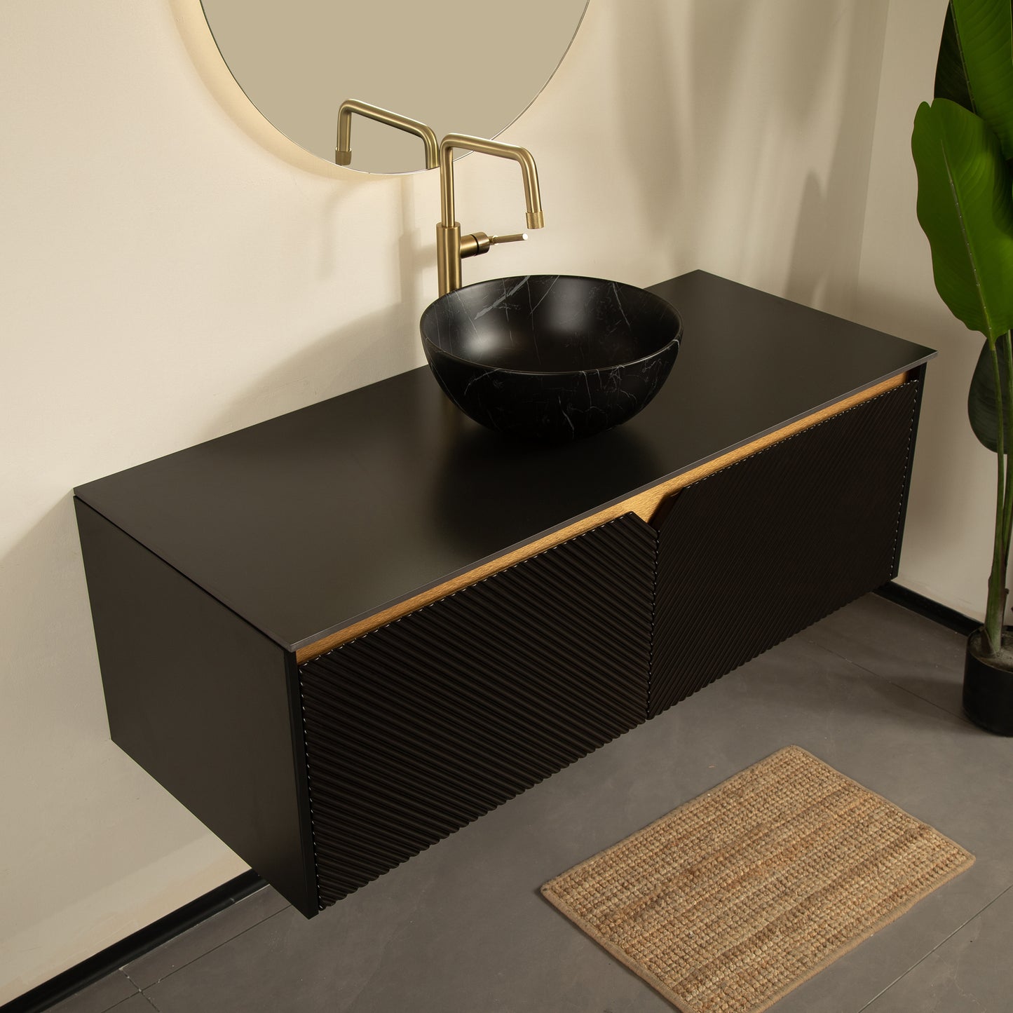 RUBEN 48" Bathroom Vanity&Sink, Wall-Mounted Floating Plywood Storage Cabinet, Black,Black Bowl Ceramic Vessel Basin