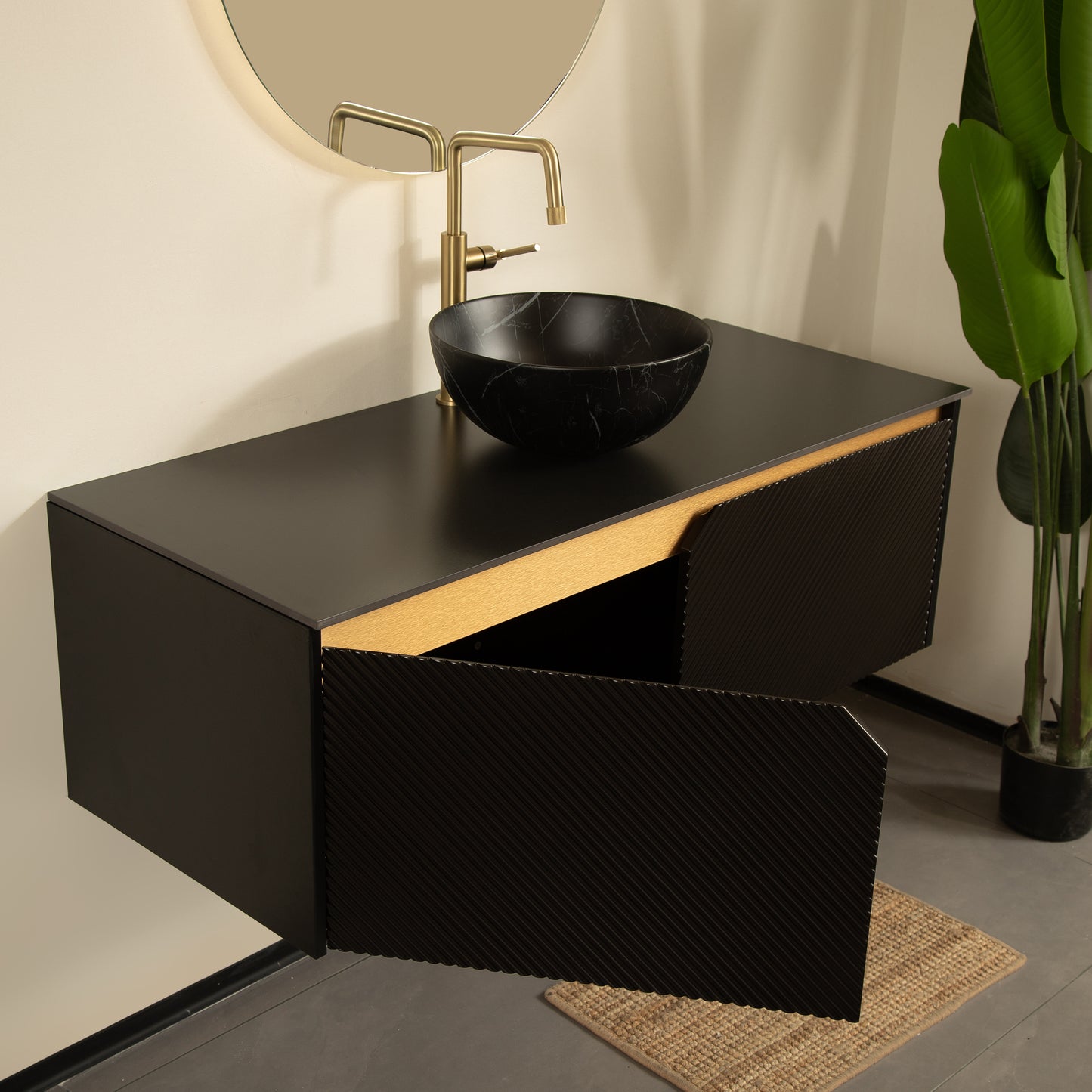 RUBEN 48" Bathroom Vanity&Sink, Wall-Mounted Floating Plywood Storage Cabinet, Black,Black Bowl Ceramic Vessel Basin