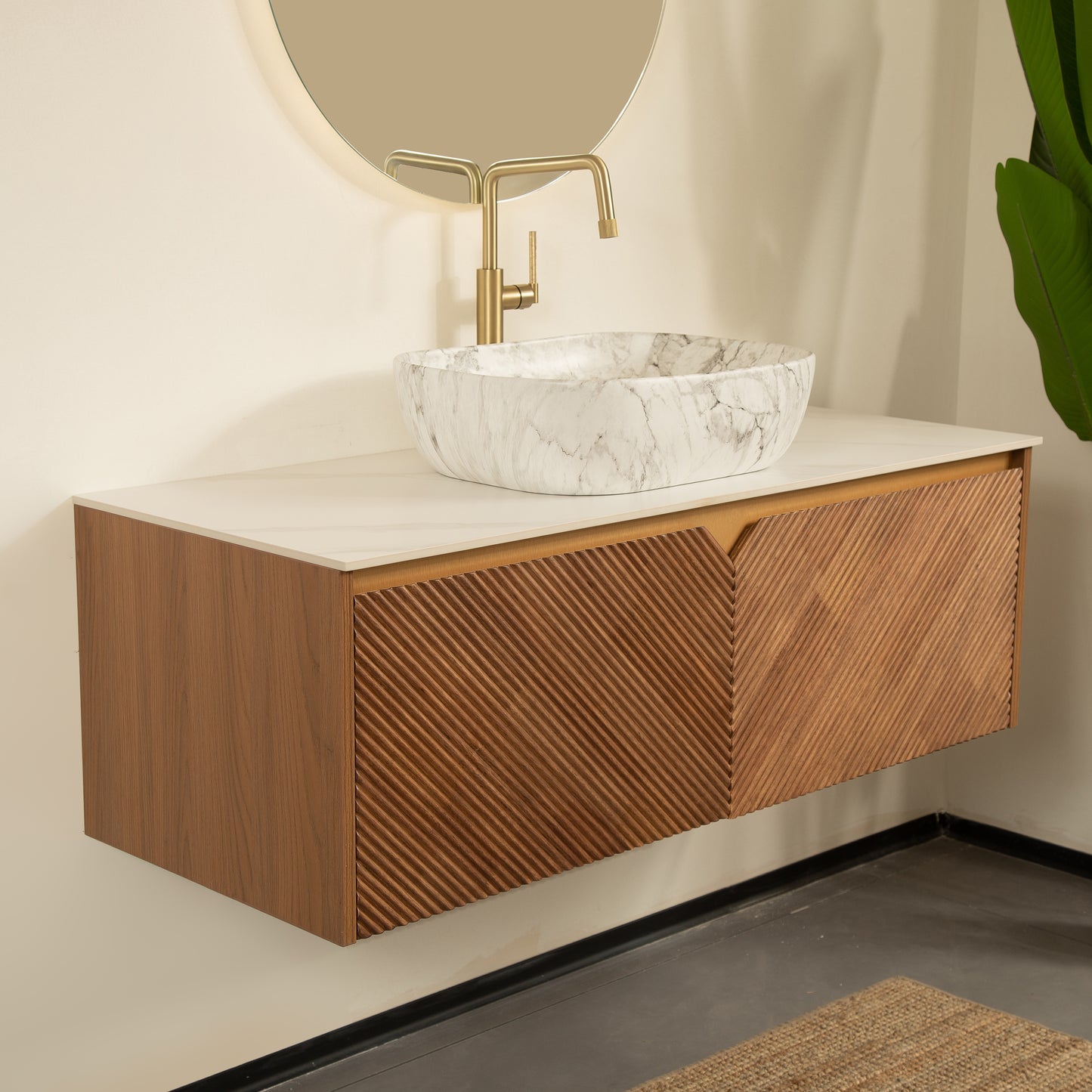RUBEN 48" Badezimmer-Waschtisch und Waschbecken, schwebender Sperrholz-Aufbewahrungsschrank, Keramik-Waschbecken mit Marmormuster