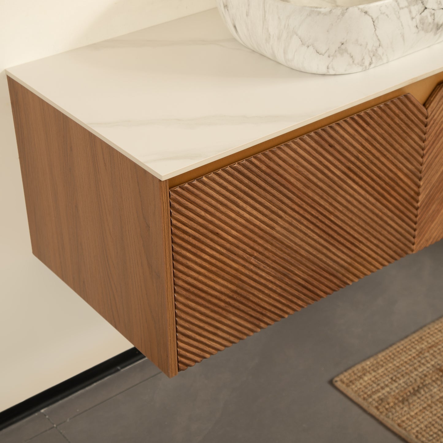 RUBEN 48" Badezimmer-Waschtisch und Waschbecken, schwebender Sperrholz-Aufbewahrungsschrank, Keramik-Waschbecken mit Marmormuster