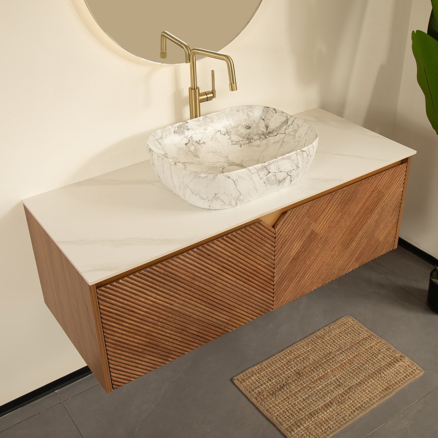 RUBEN 48" Badezimmer-Waschtisch und Waschbecken, schwebender Sperrholz-Aufbewahrungsschrank, Keramik-Waschbecken mit Marmormuster