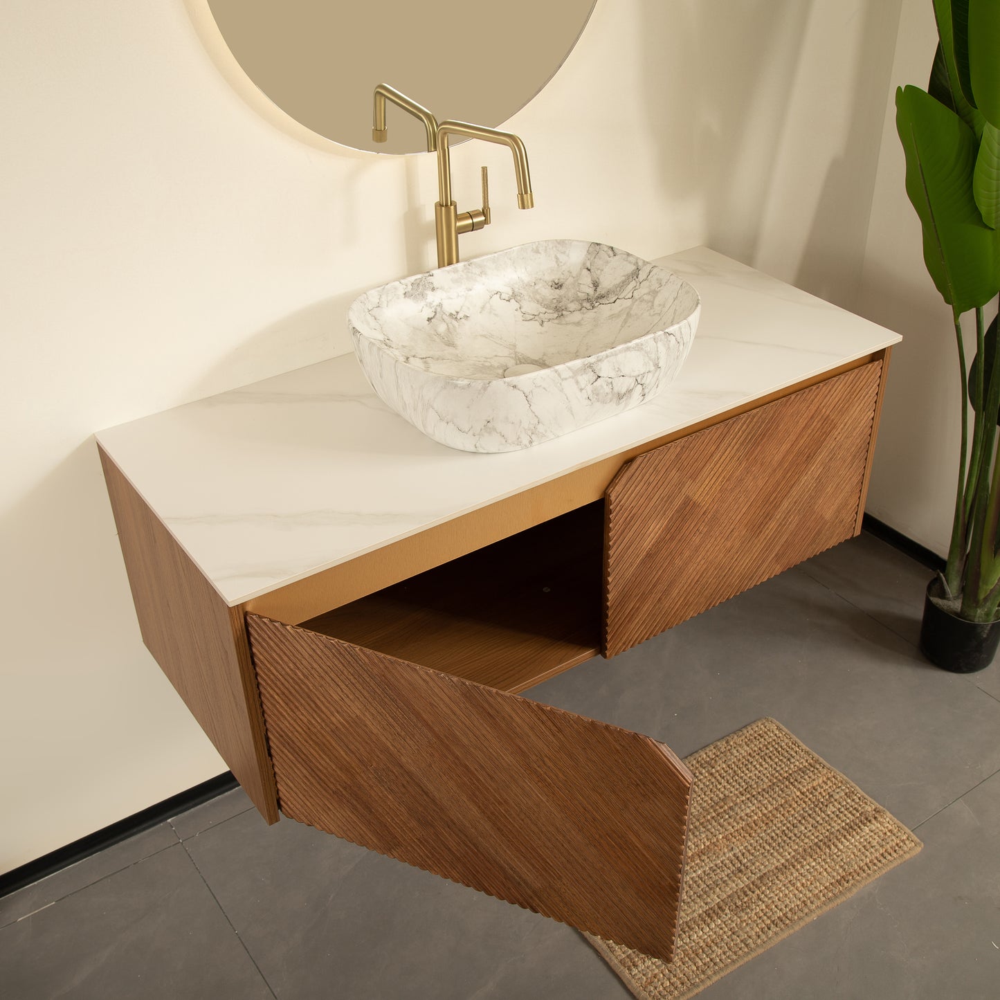 RUBEN 48" Badezimmer-Waschtisch und Waschbecken, schwebender Sperrholz-Aufbewahrungsschrank, Keramik-Waschbecken mit Marmormuster